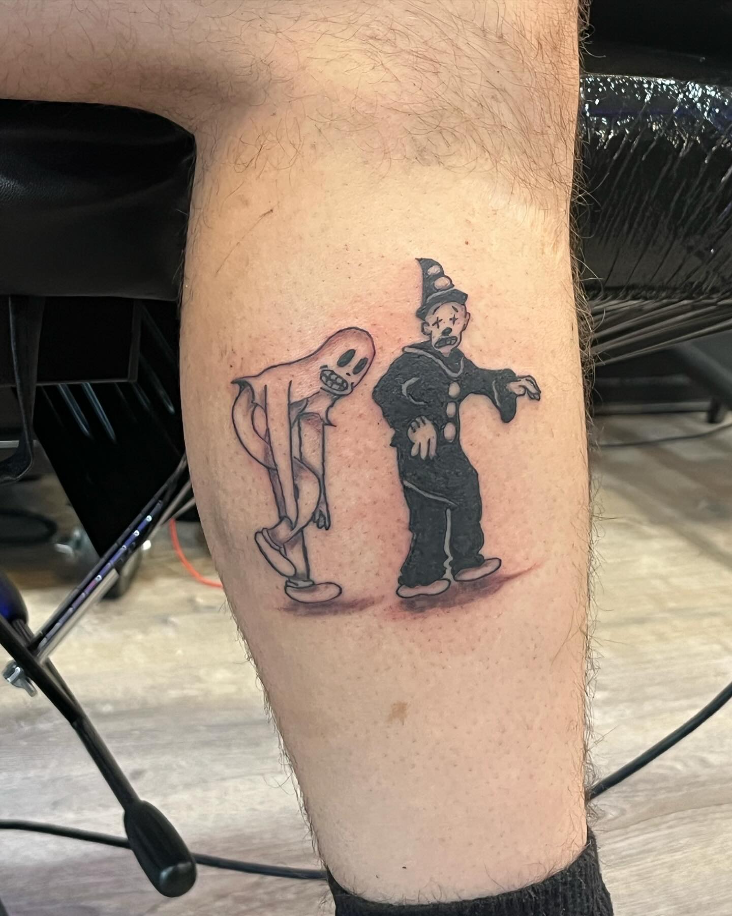 Ghost and clown ignorant tattoo on the thigh by ❦julia