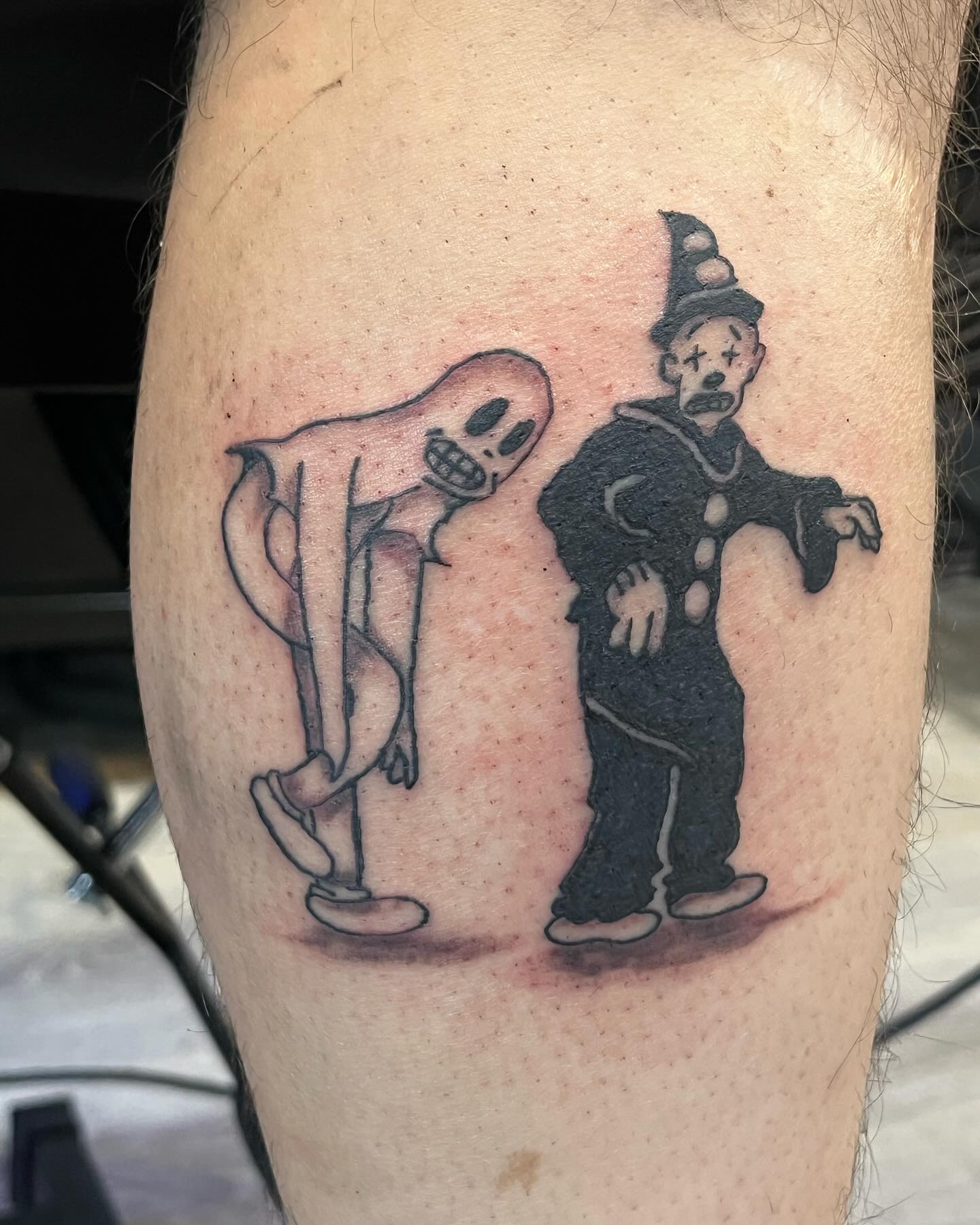Ghost and clown realism tattoo on the thigh by ❦julia