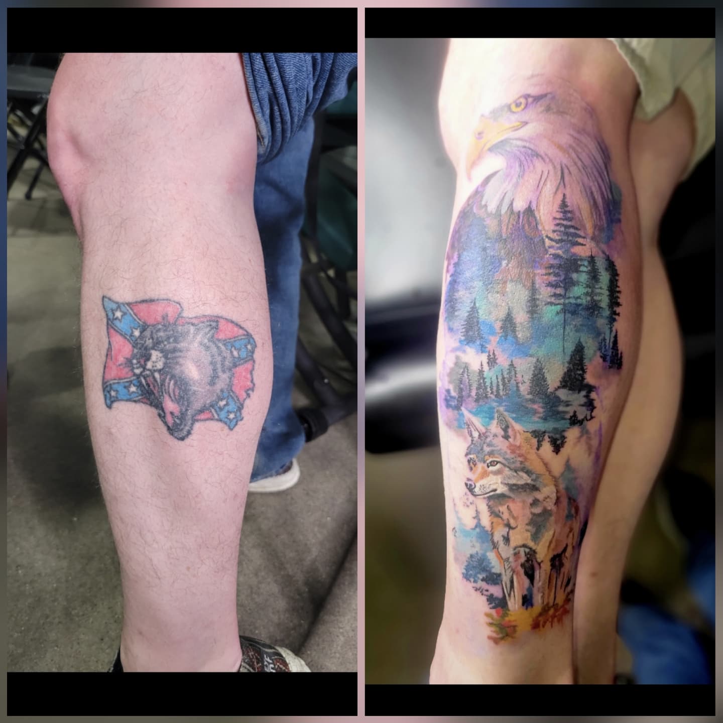 Wolf and eagle watercolor tattoo on the forearm by Naez Ink AKA Renae Madison, Macomb, Illinois