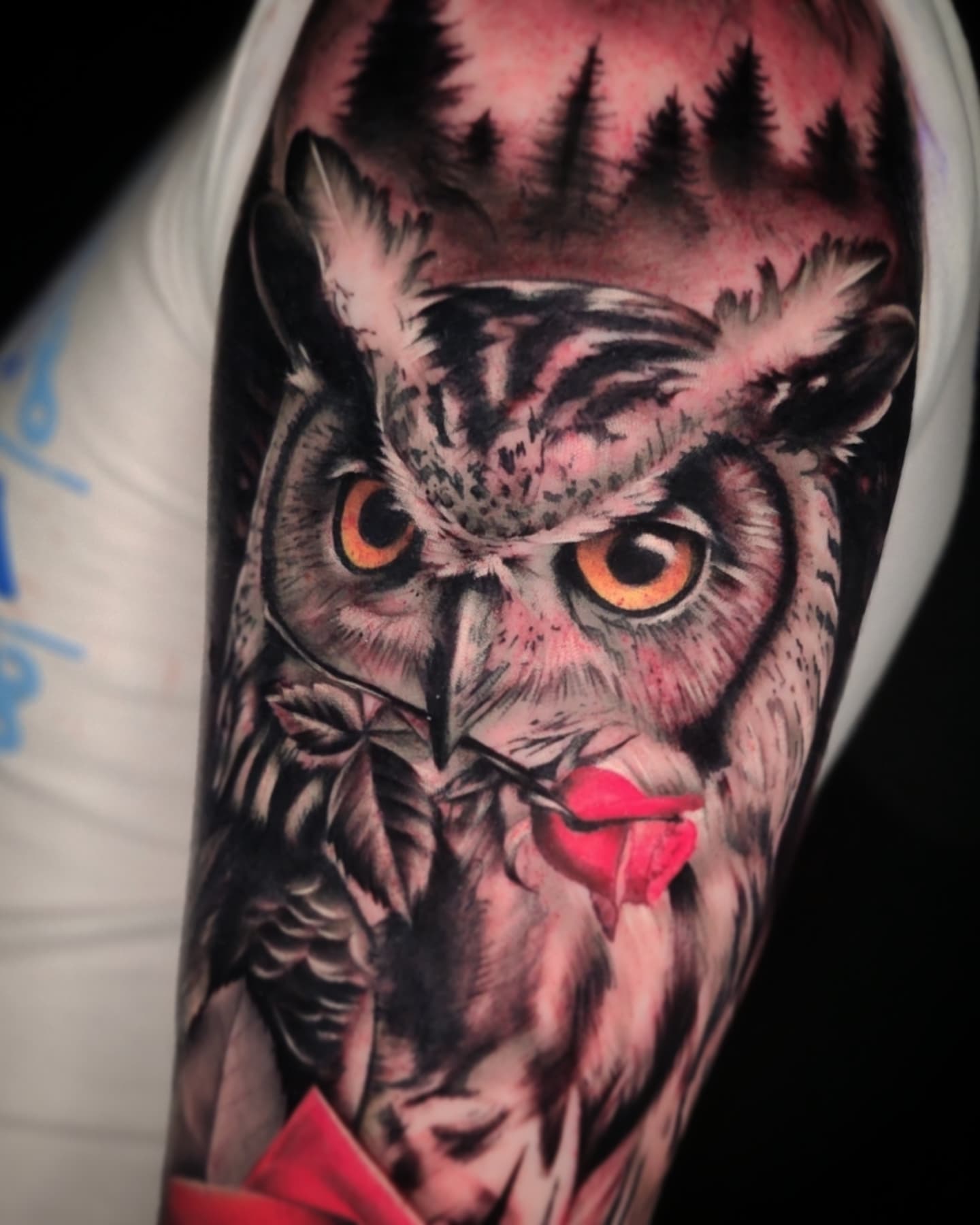Owl realism tattoo on the forearm by Su Kang