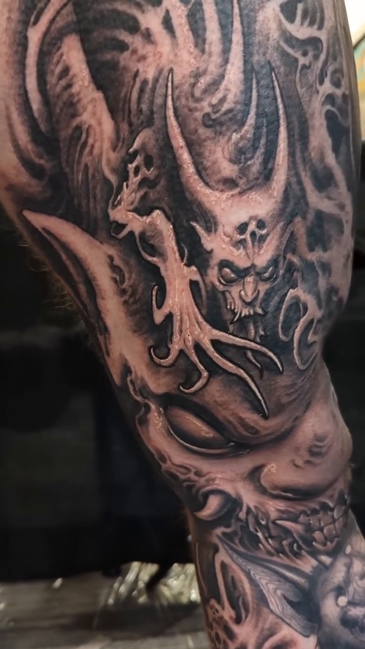 Demonic figure with horns and skull dark realism tattoo by π΅ππππ π―πππππππ