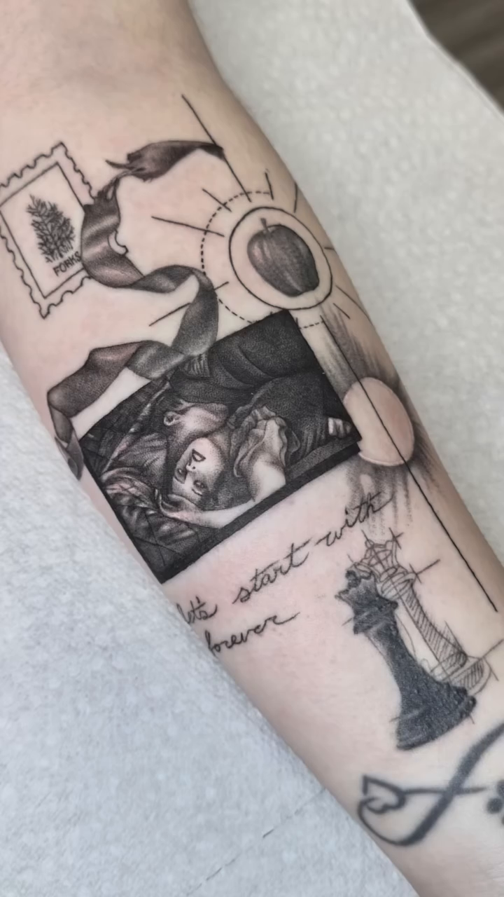 Collage of imagery with text fine line tattoo by hannah vertal