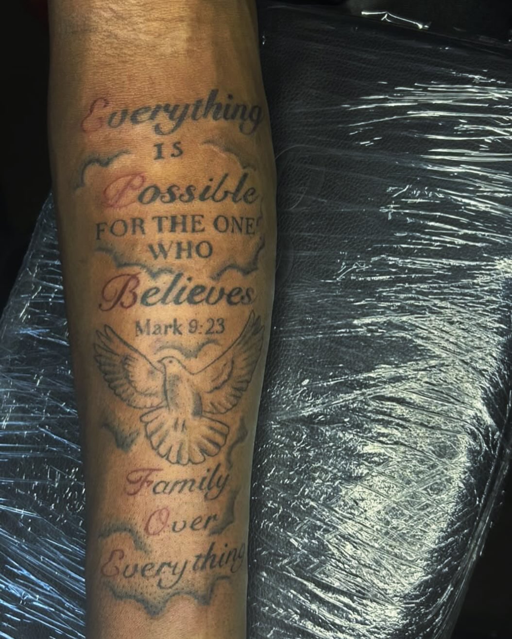 Religious quote lettering script tattoo on the forearm by Detroit tattoo Artist