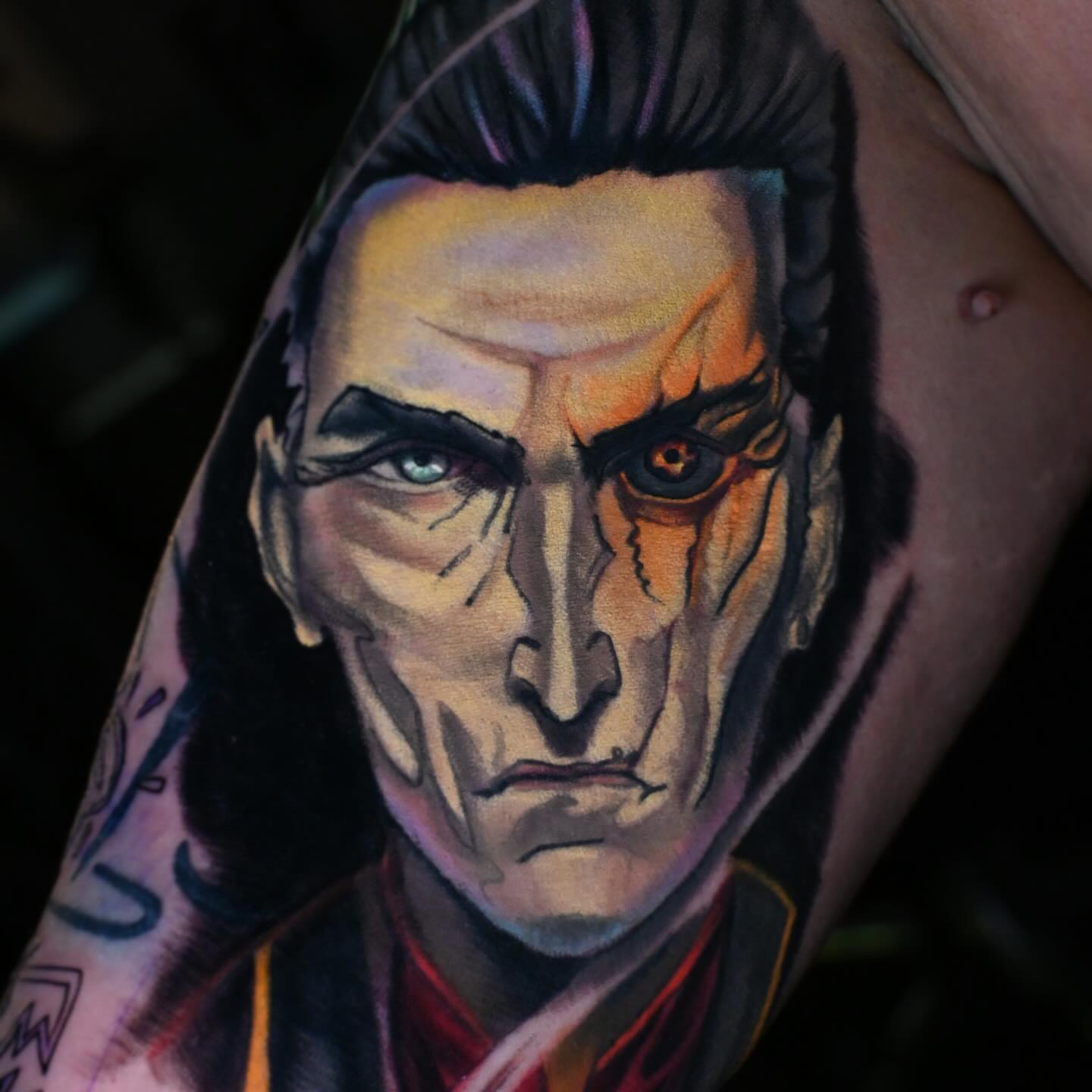 Vampire dark realism tattoo on the forearm by William Pollock
