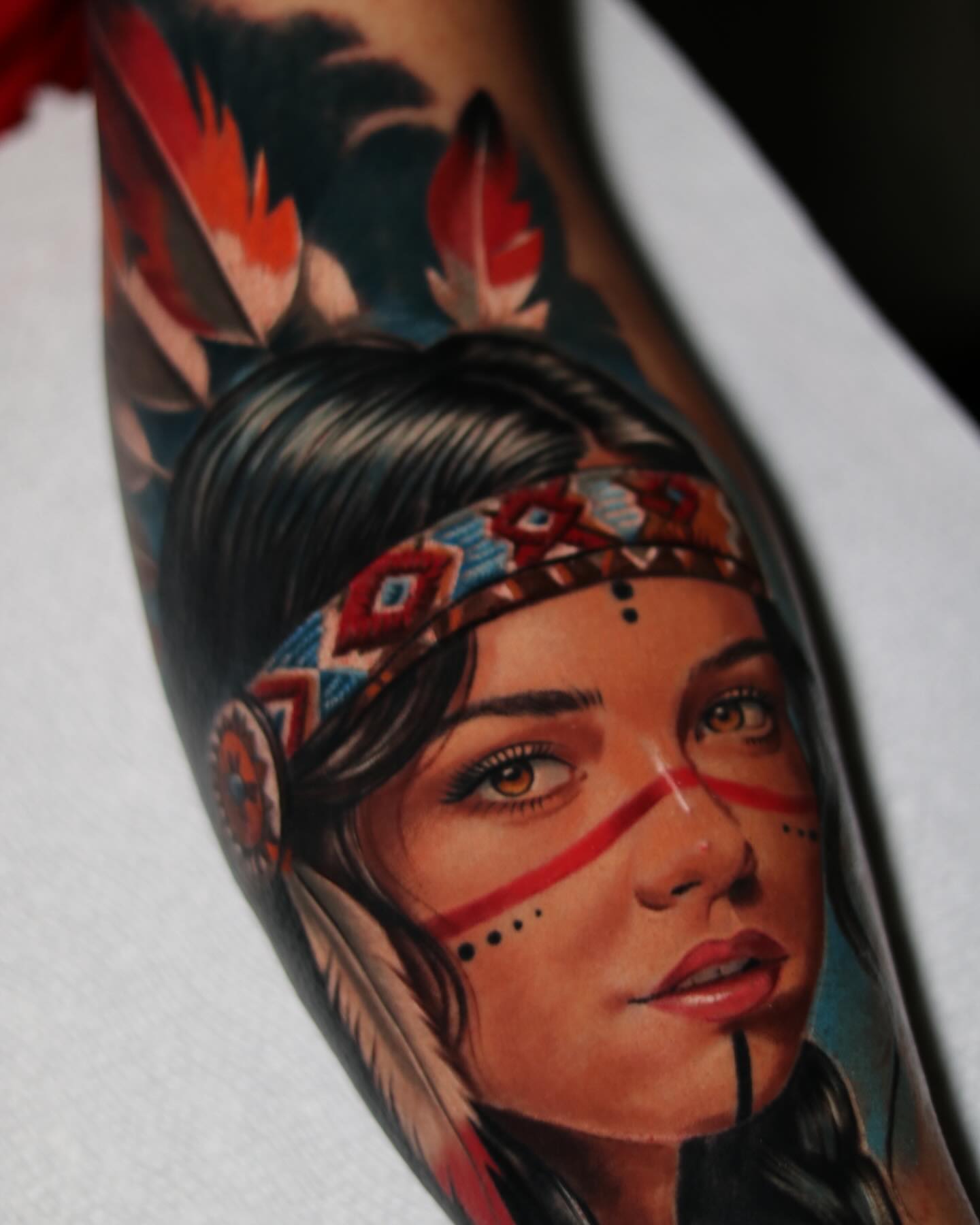 Native american woman realism tattoo on the forearm by Luis Meneses