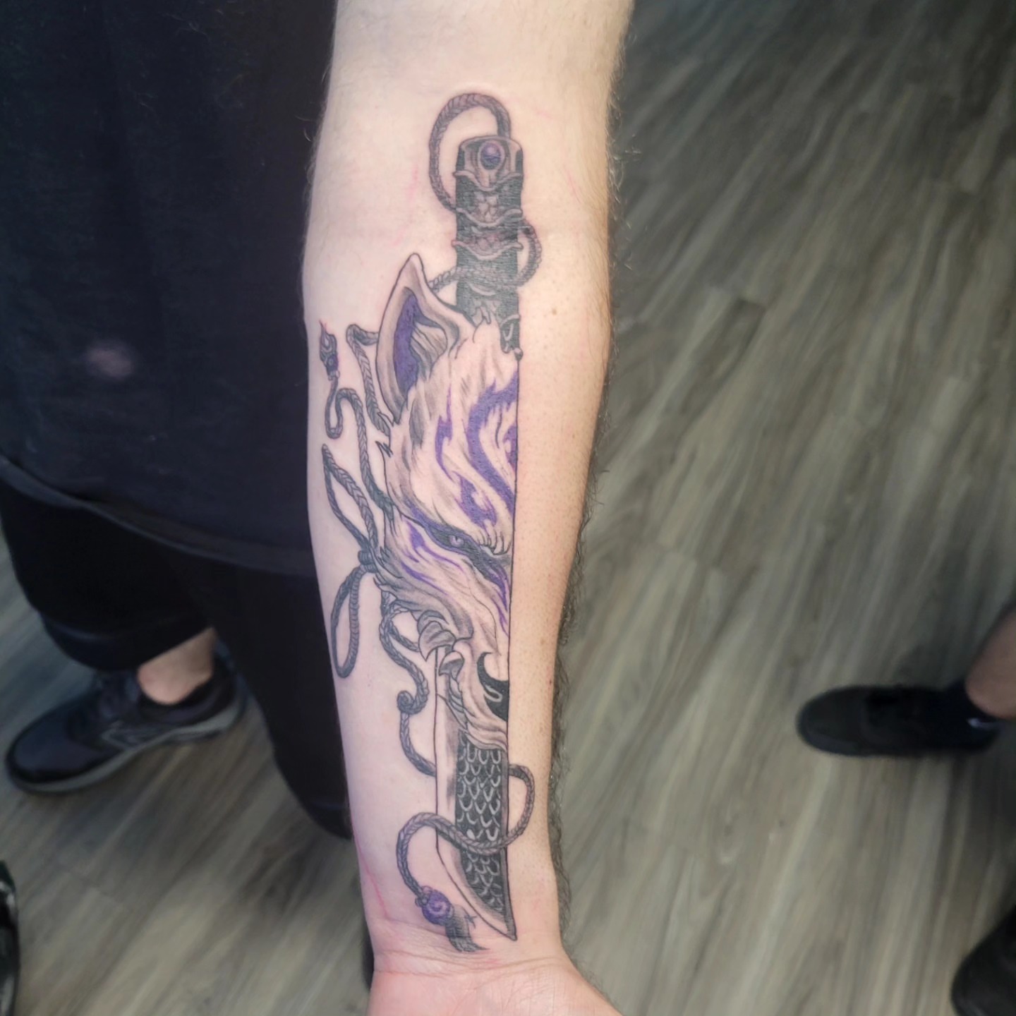 Sword and dragon neo-traditional tattoo on the forearm by Beto Tats, Round Rock, Texas