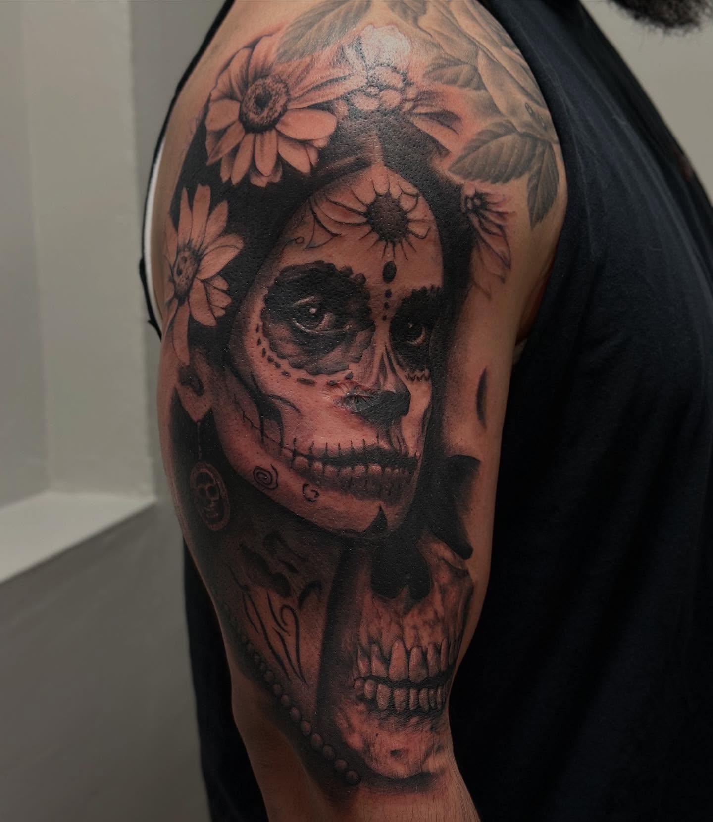 Catrina skull realism tattoo on the shoulder by Lissy Red