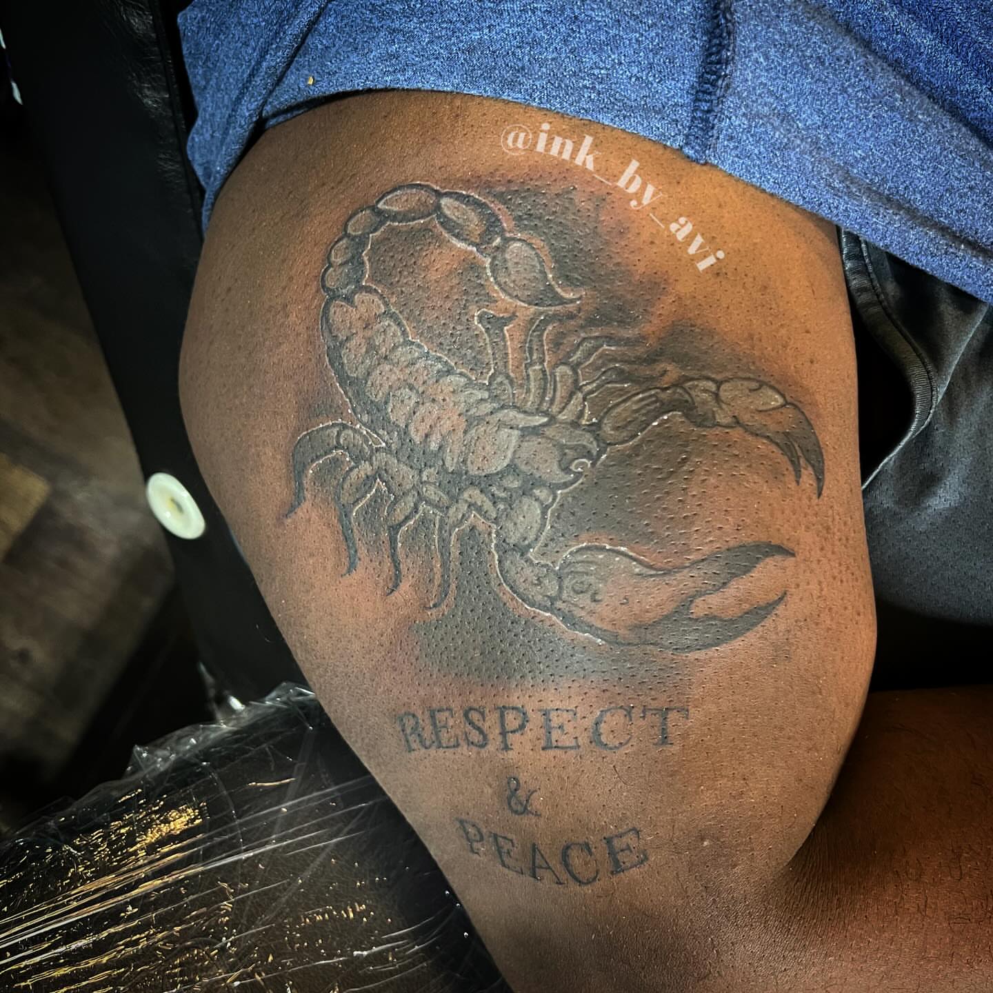 Scorpion black and grey tattoo on the thigh by Avi, Cleveland, Ohio