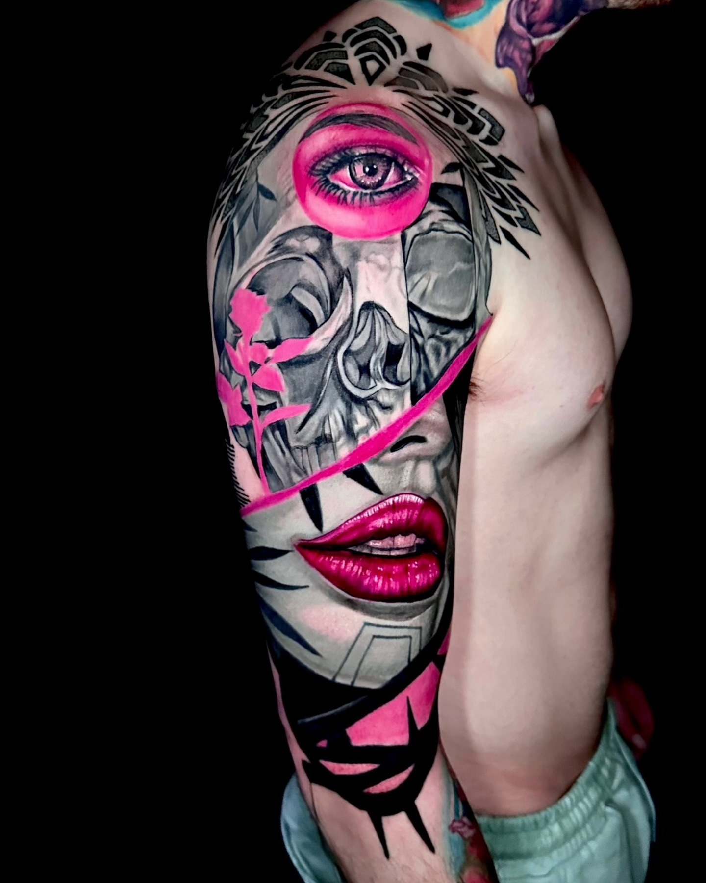 Female face realism tattoo on the forearm by Goga