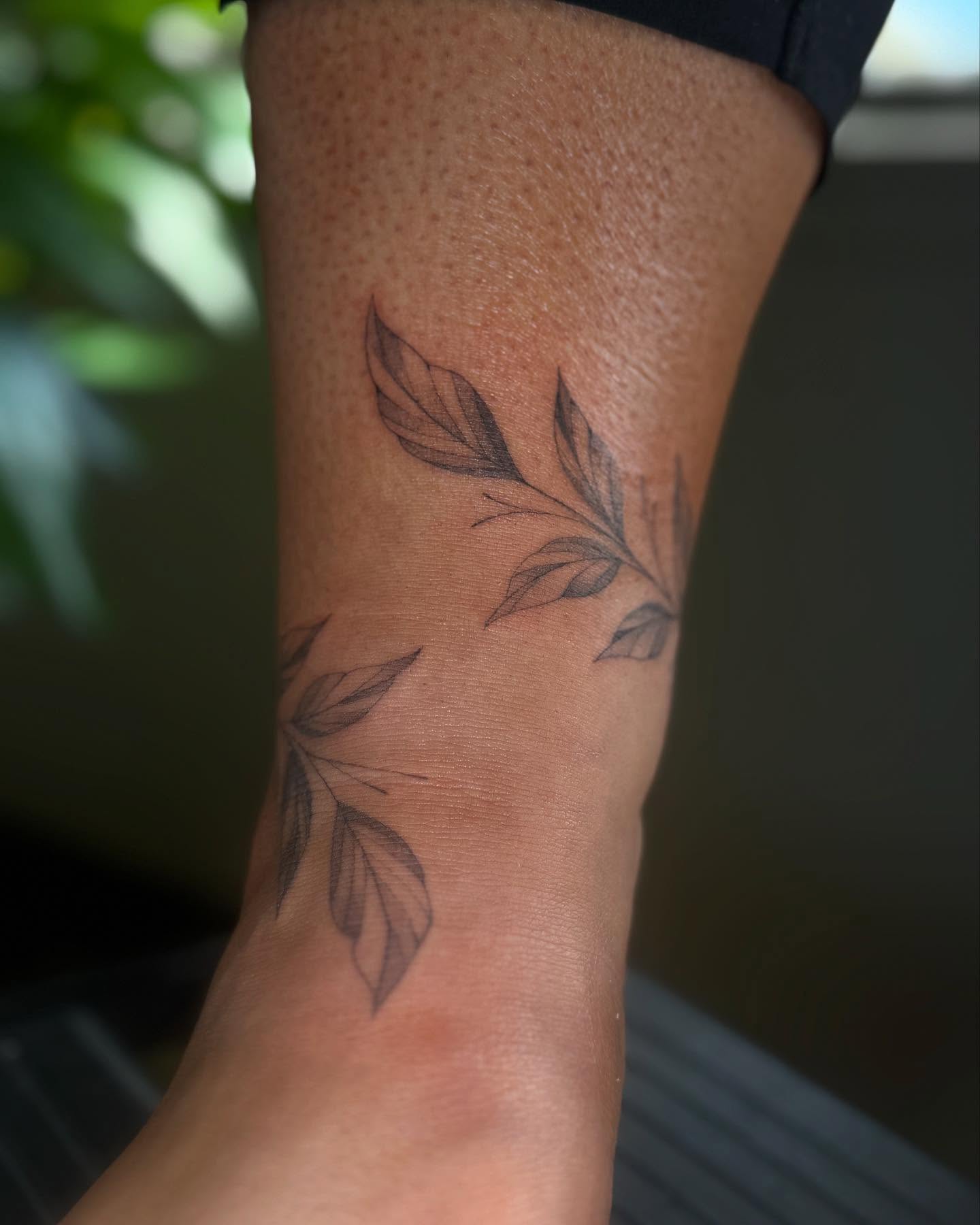 Leaf black and grey tattoo on the forearm by ❀ Moo, Mount Laurel, New Jersey
