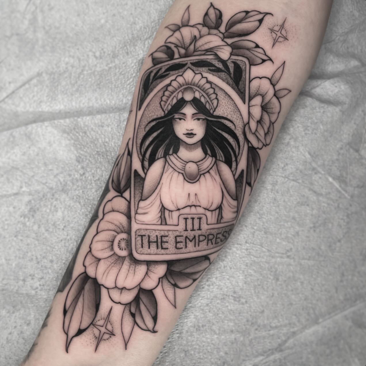 The empress tarot card black and grey tattoo on the forearm by Amanda Marie, Edmonds, Washington