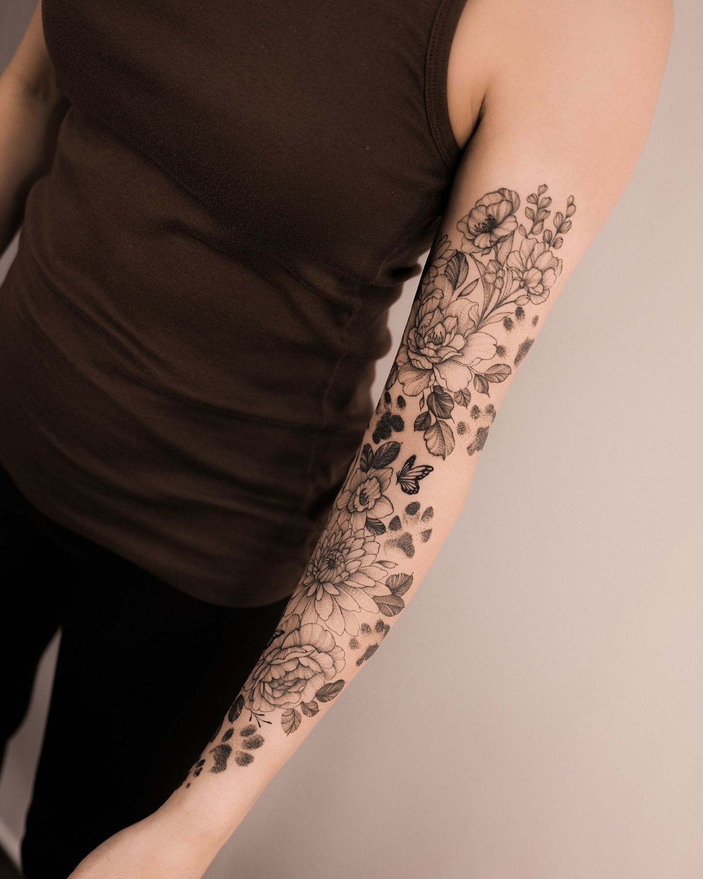 Floral bouquet dotwork tattoo on the forearm by Sky Ng Tattoo Artist in Katy