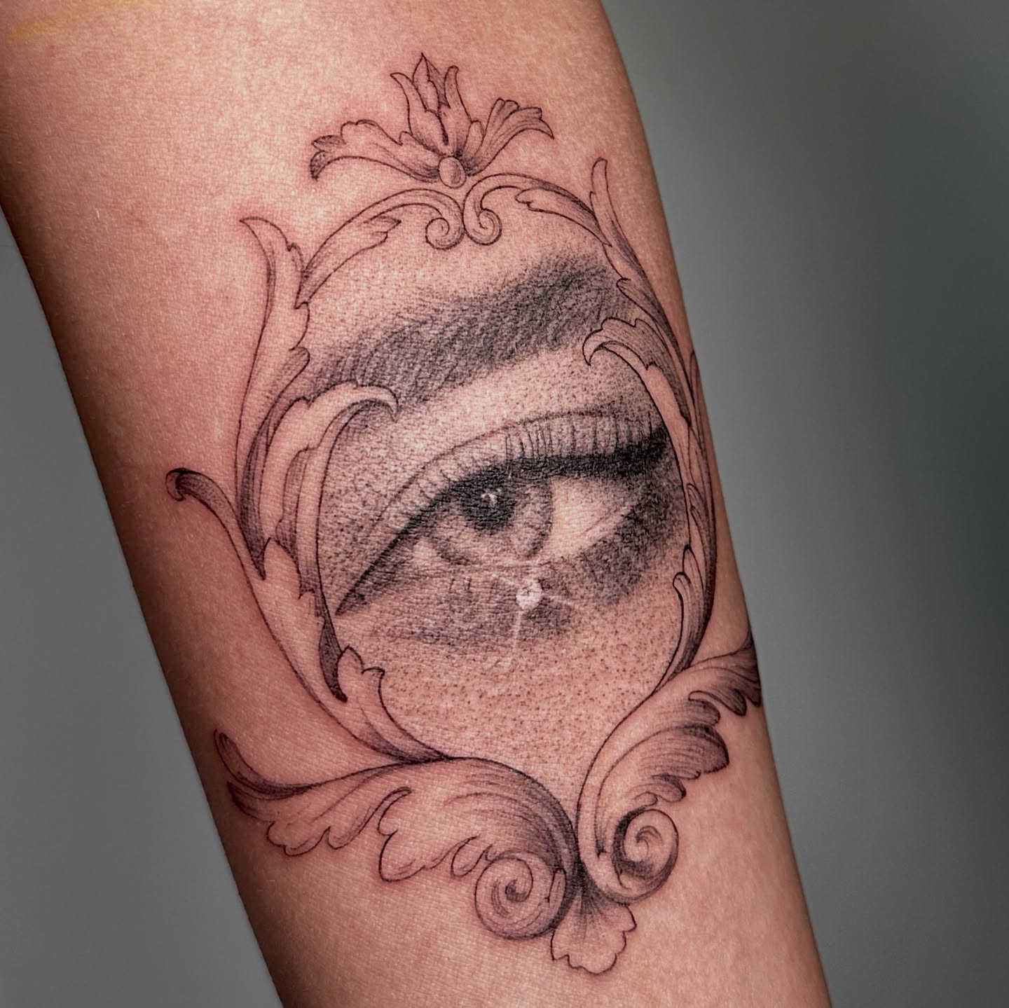 Eye dotwork tattoo on the forearm by Rachel