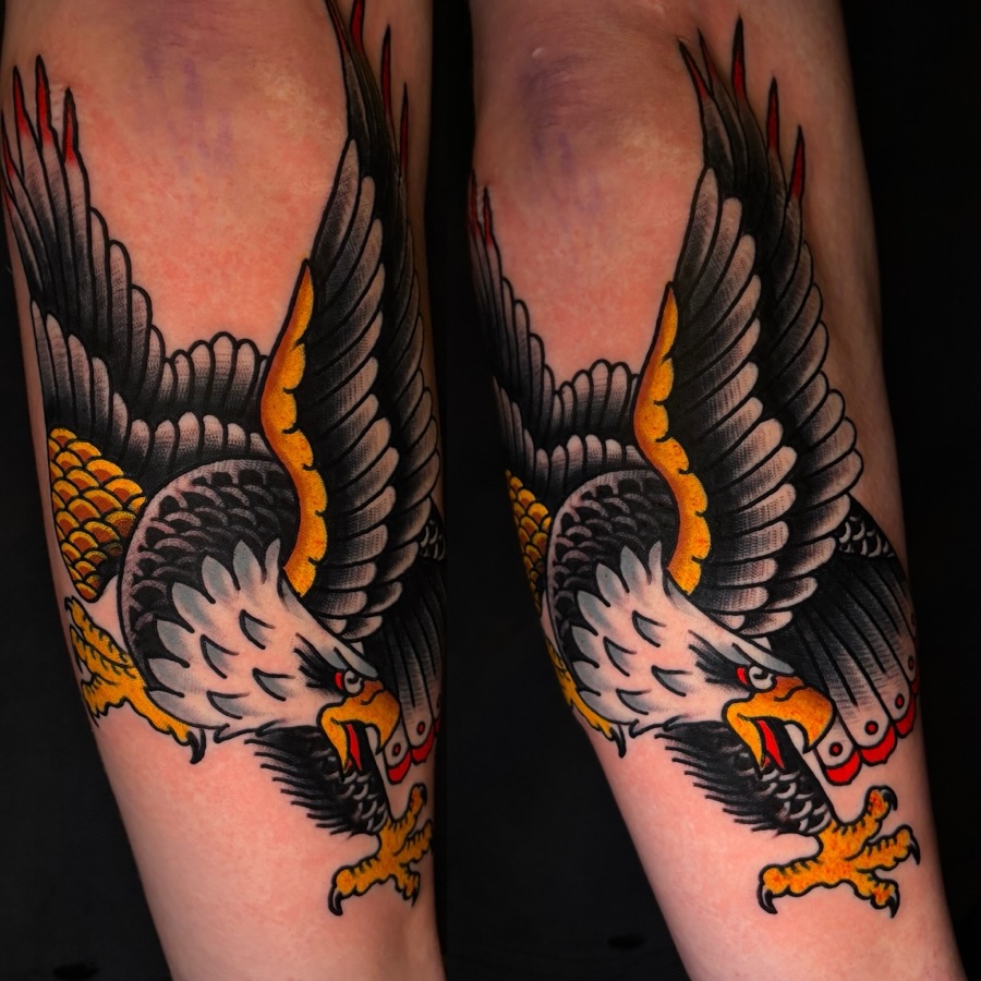 Eagle American traditional tattoo on the forearm by Mike Maciejewski:Chicago Tattoo Artist