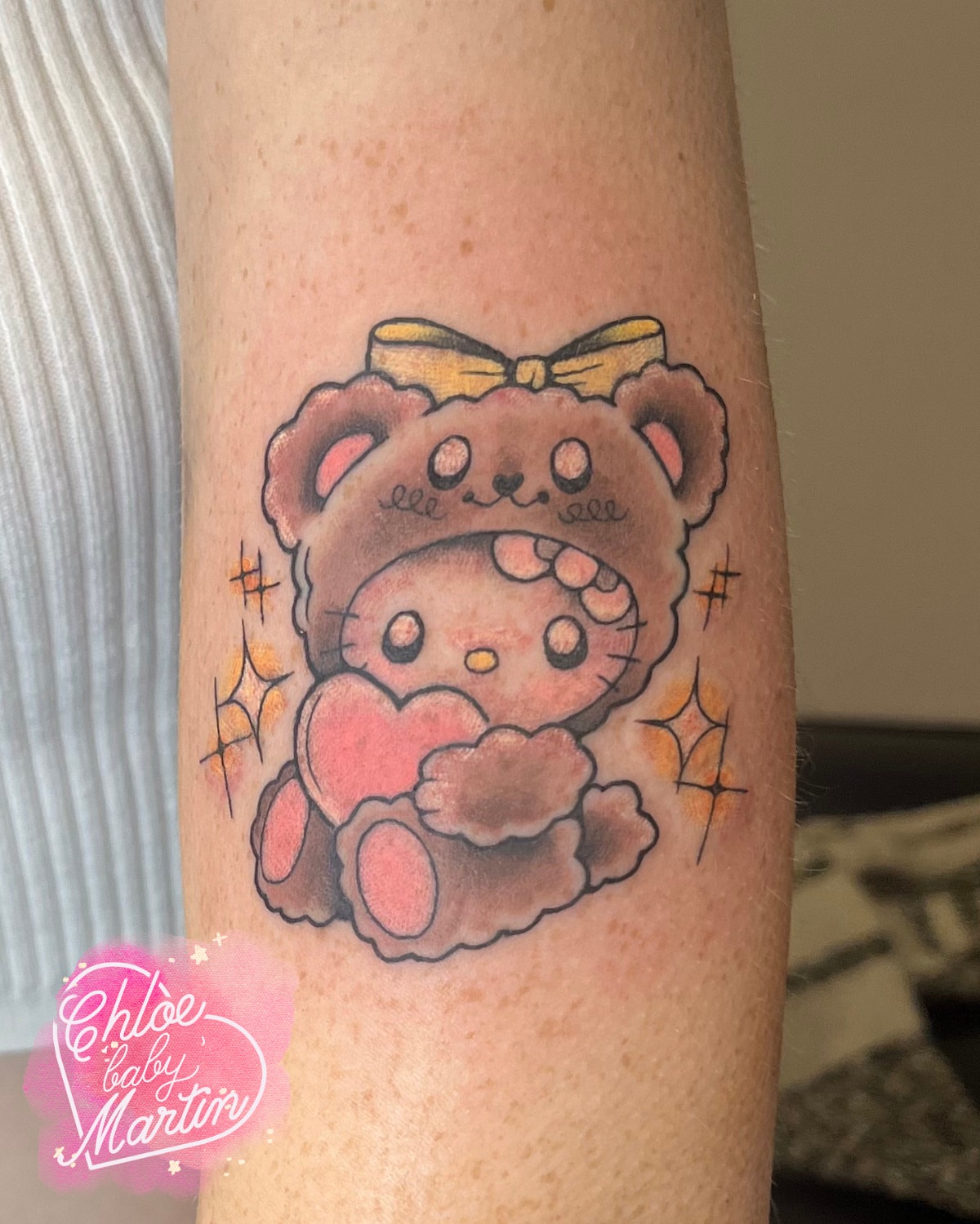 Teddy bear dotwork tattoo on the forearm by Chloe ‘baby’ Martin
