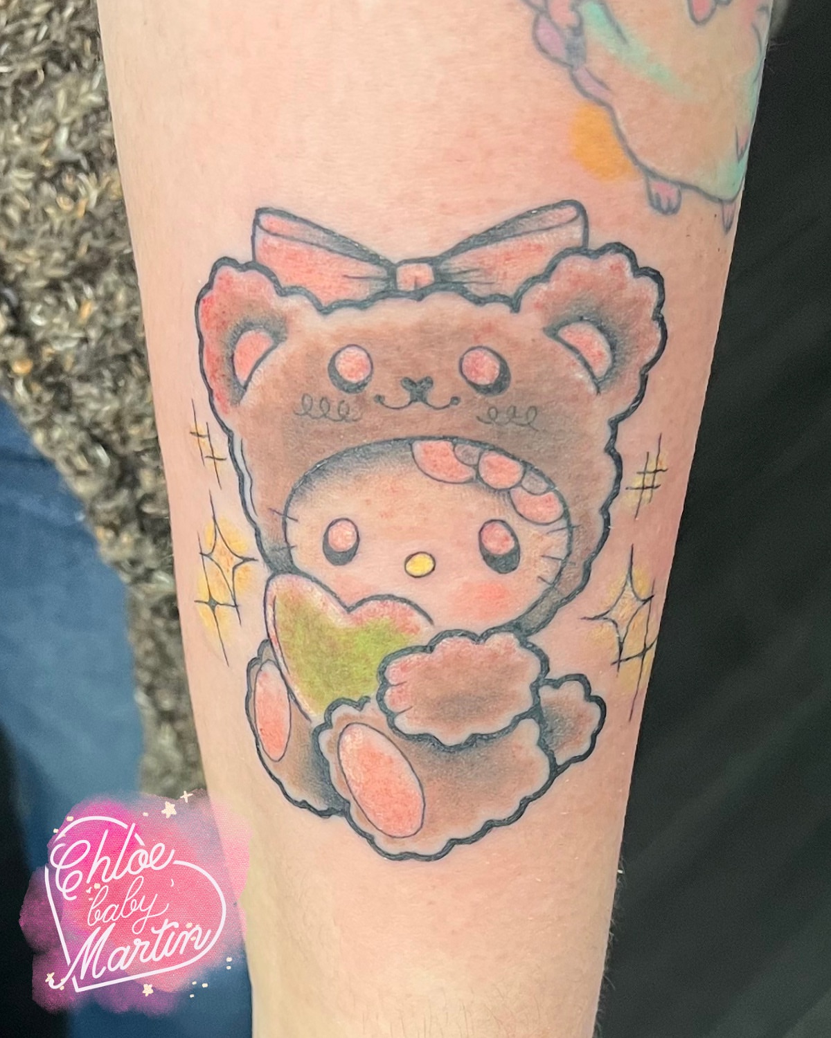 My Melody in bear costume dotwork tattoo on the forearm by Chloe ‘baby’ Martin