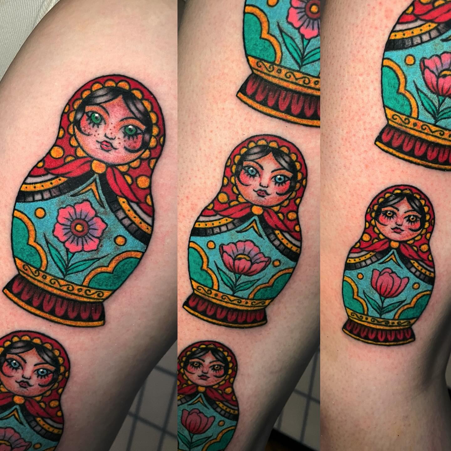 Matryoshka doll illustrative tattoo on the forearm by Madison ‘Maddog’ Stewart