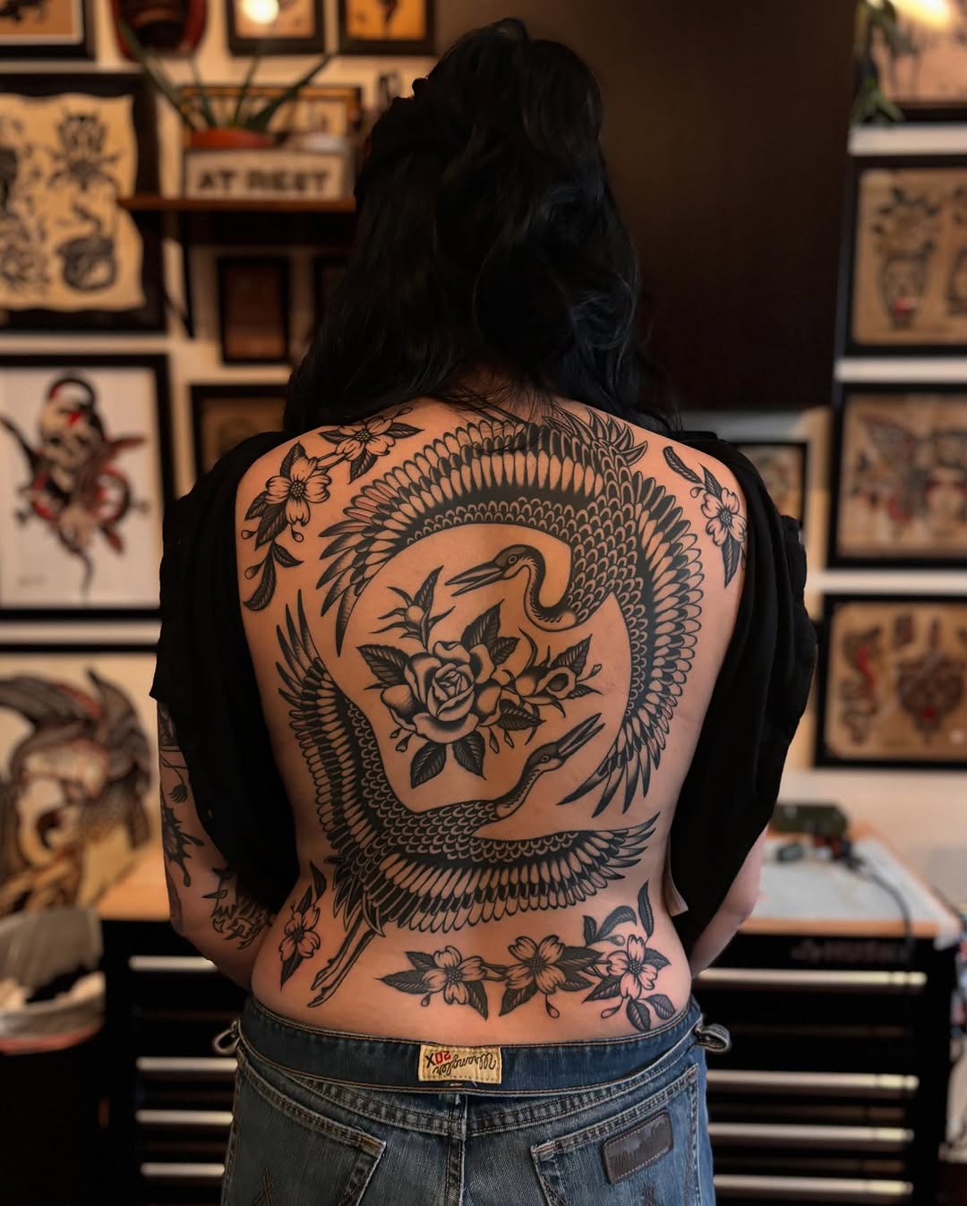 Cranes and roses tribal tattoo on the back by Jesse Smith, Chicago, Illinois