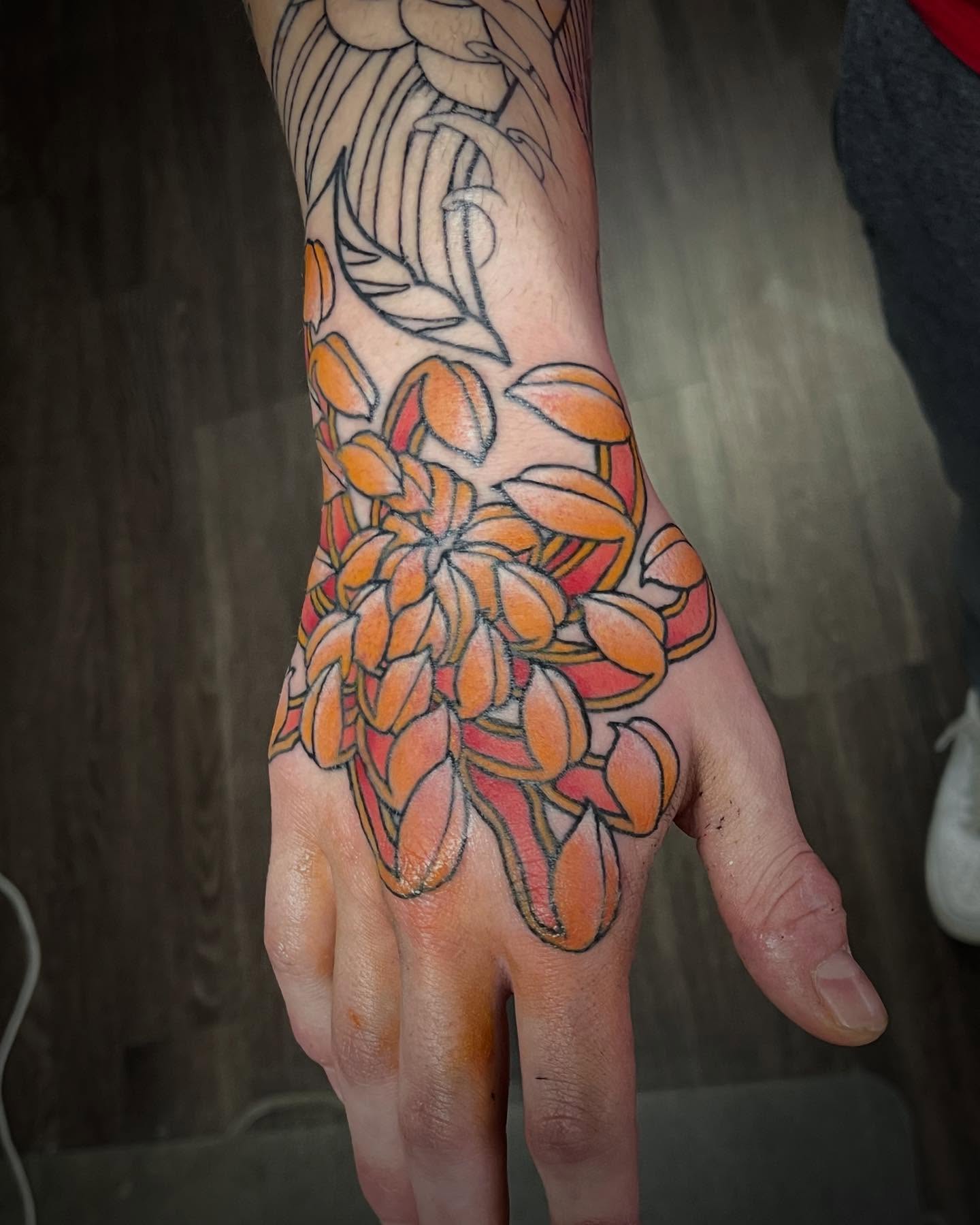 Abstract floral pattern new school tattoo on the hand by Jaxson Eugene Brady-Hobart