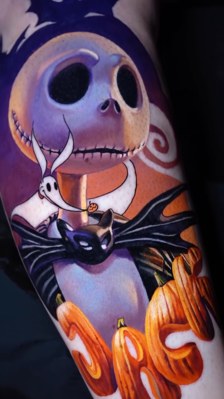 Jack Skellington with pumpkins anime tattoo by Daria Pirojenko