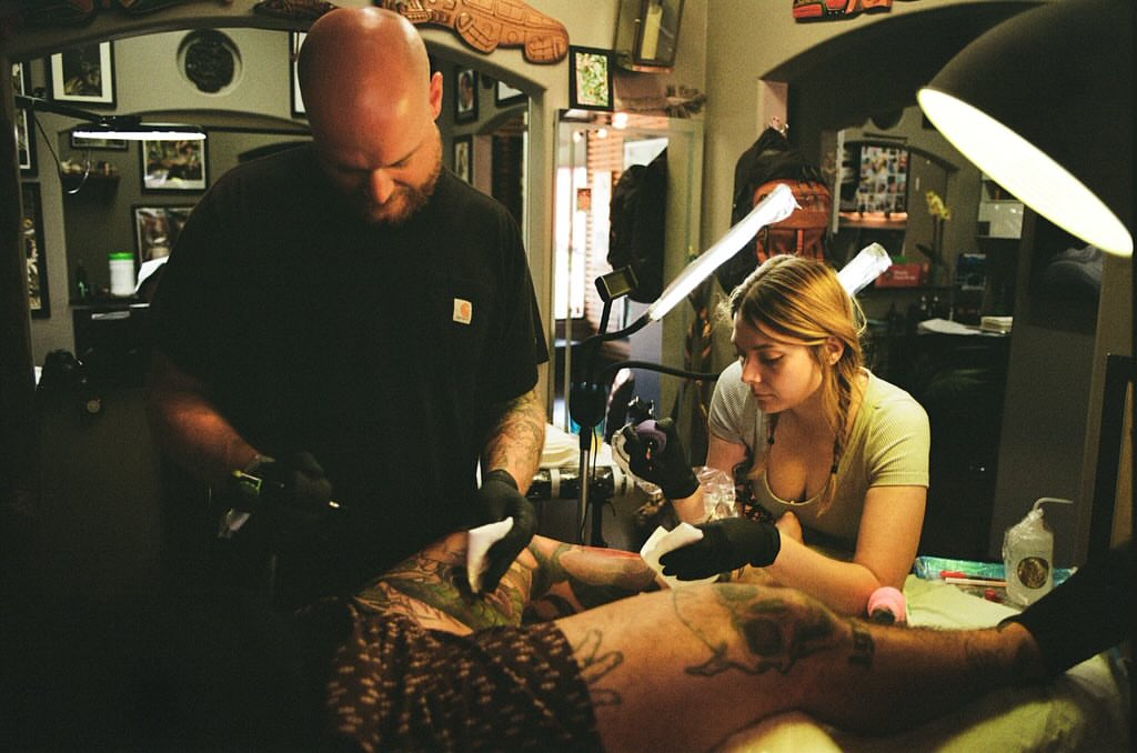 Tattoo artist and client American traditional tattoo on the torso by Andi Fitz ✨ San Diego Tattoo Artist, San Diego, California