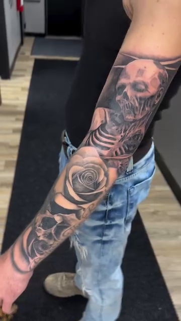 Skull and rose sleeve realism tattoo by ๐๐๐๐ ๐๐๐๐