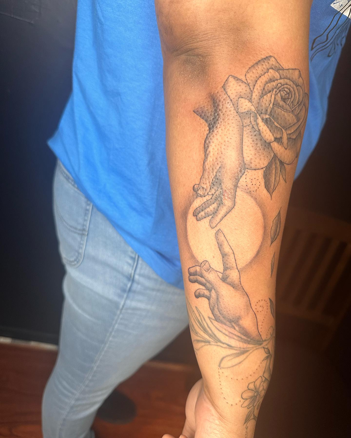 Rose and hands dotwork tattoo on the forearm by Kat π