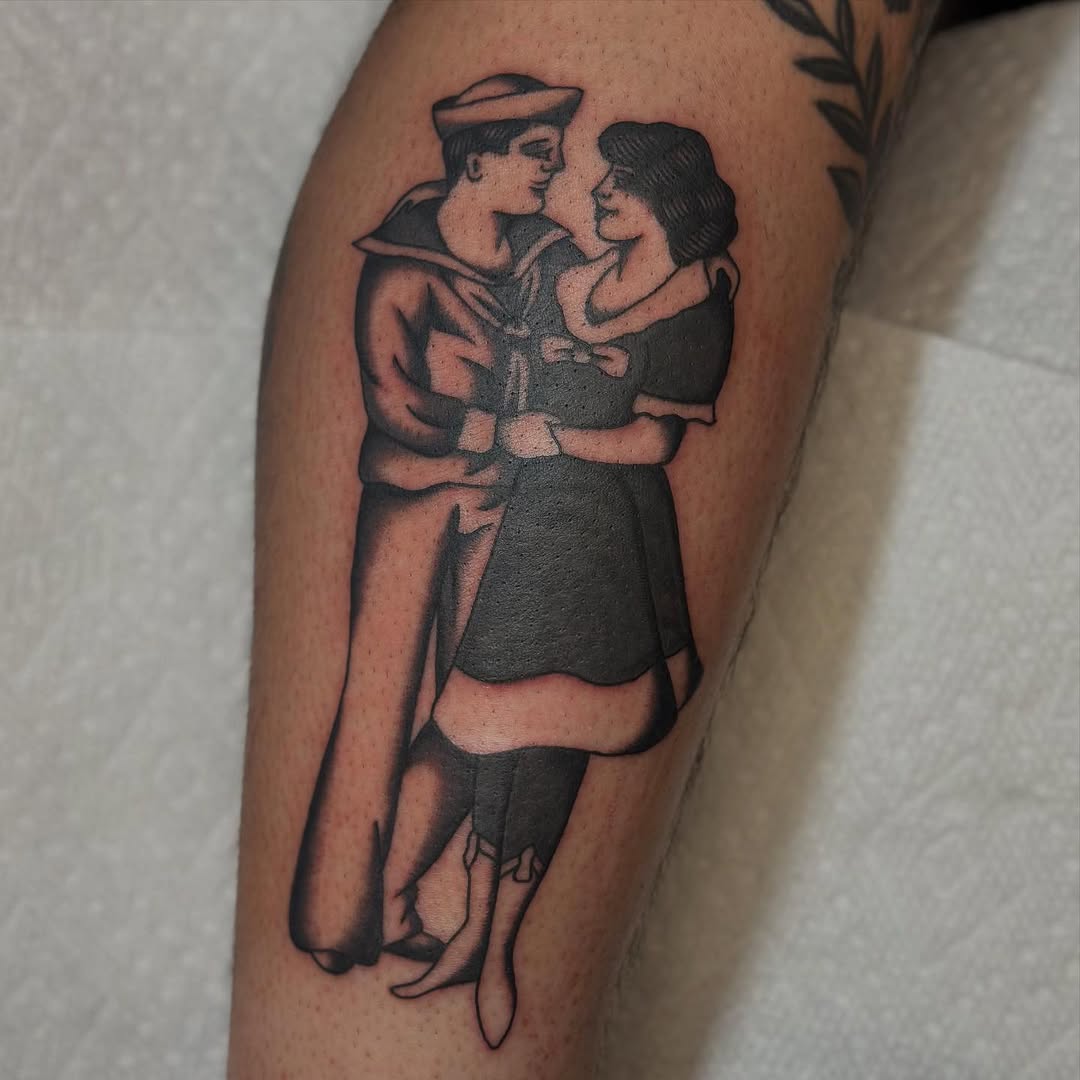 Sailor and woman embracing neo-traditional tattoo on the forearm by @ryleecoyote, New York, New York
