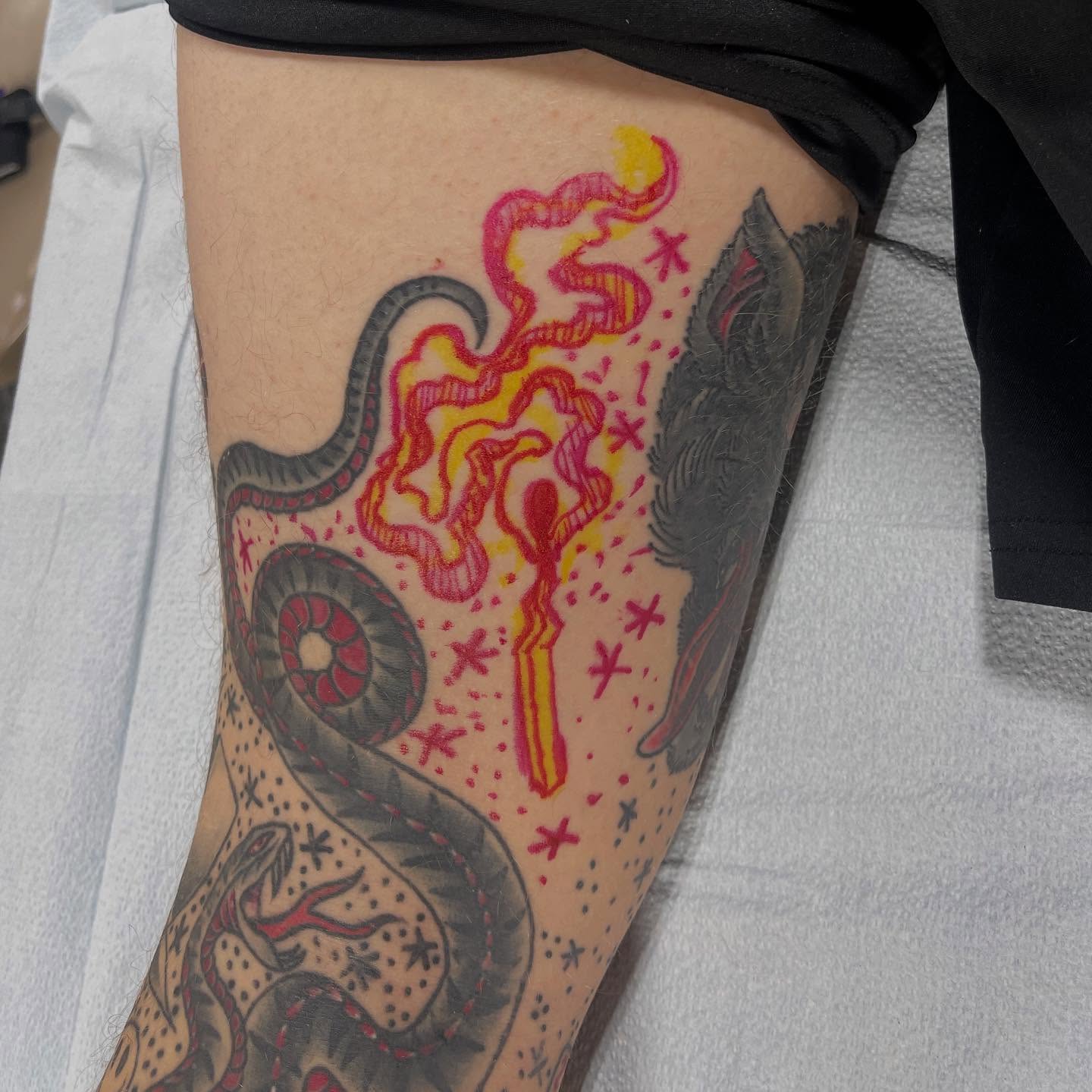 Firework and snake dotwork tattoo on the thigh by Jaxson Eugene Brady-Hobart