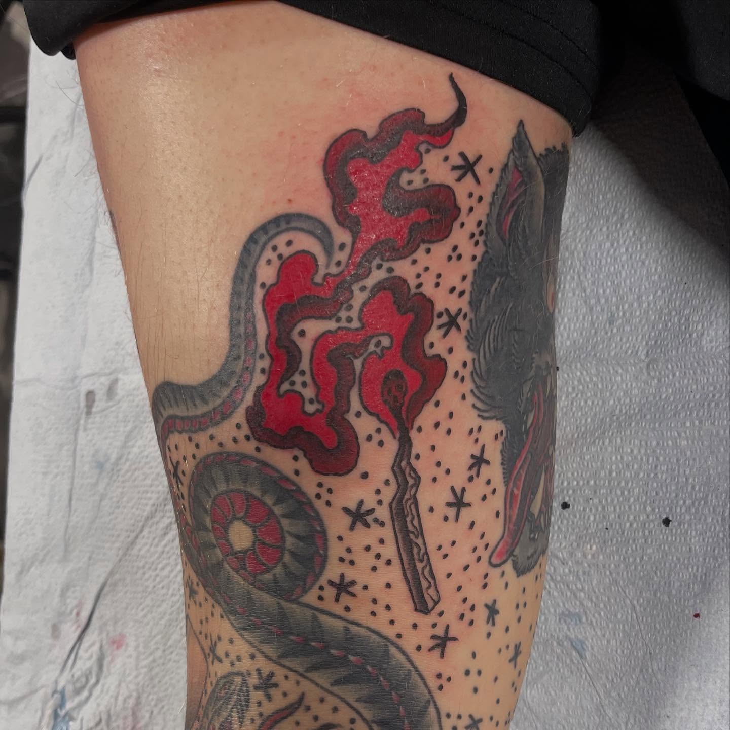 Abstract design dotwork tattoo on the thigh by Jaxson Eugene Brady-Hobart