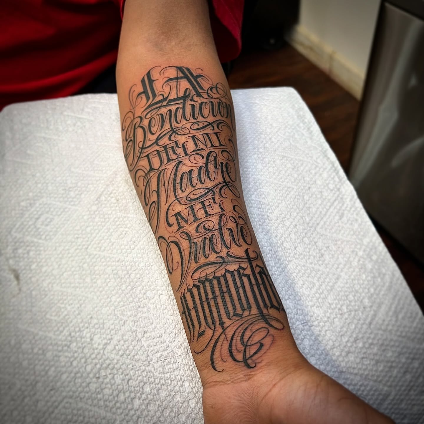 Script lettering lettering script tattoo on the forearm by $krypt