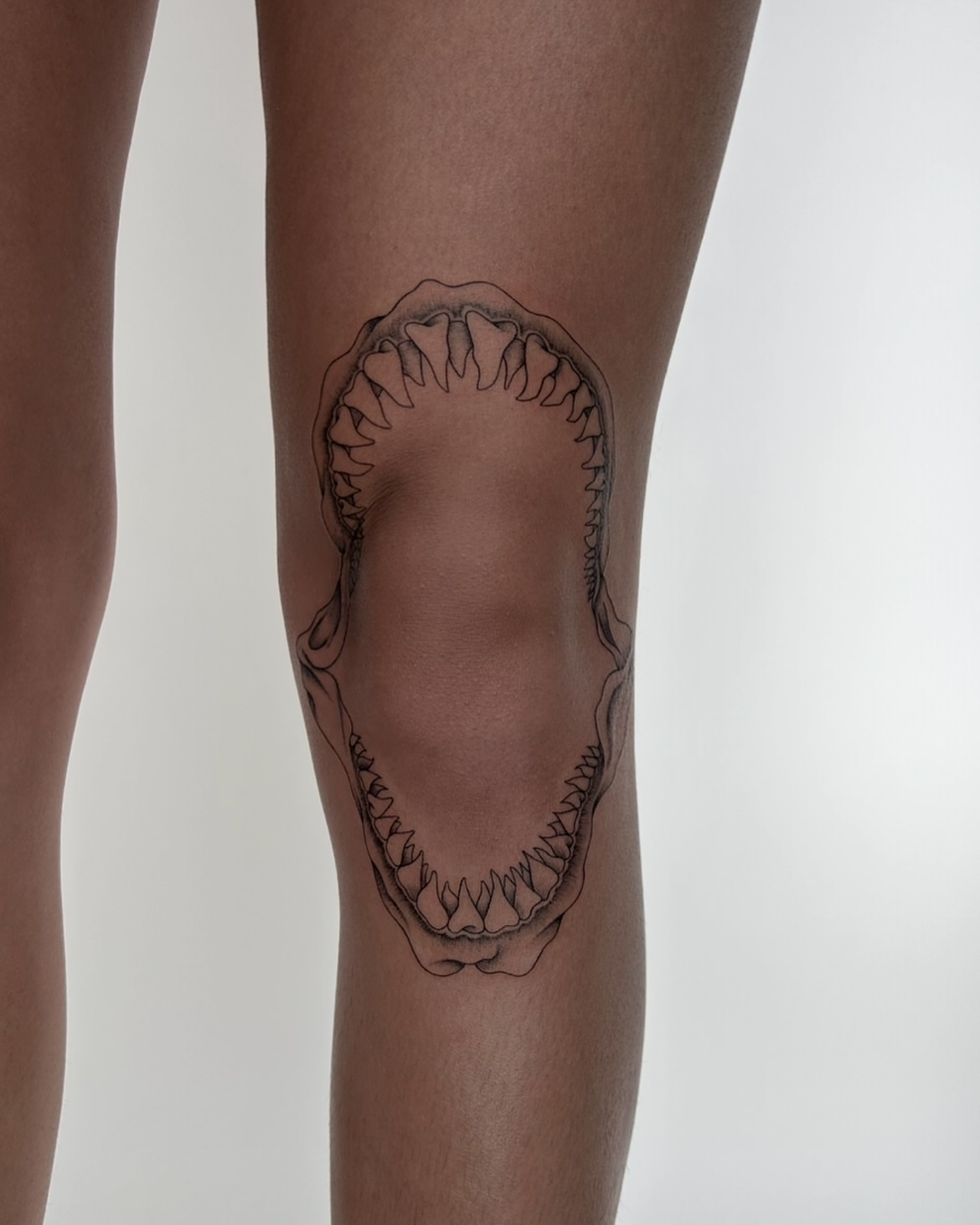 Jaws black and grey tattoo on the leg by Kennedy Ramey