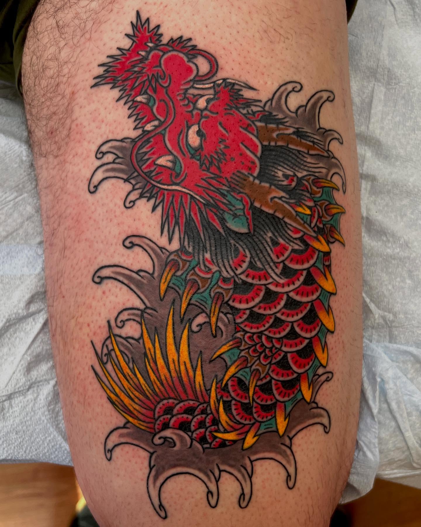 Phoenix japanese irezumi tattoo on the thigh by Rocky Burley, Georgetown, Texas