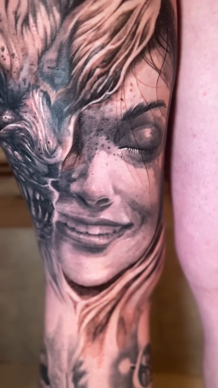 Woman and wolf hybrid realism tattoo by πΈπππ πππ€