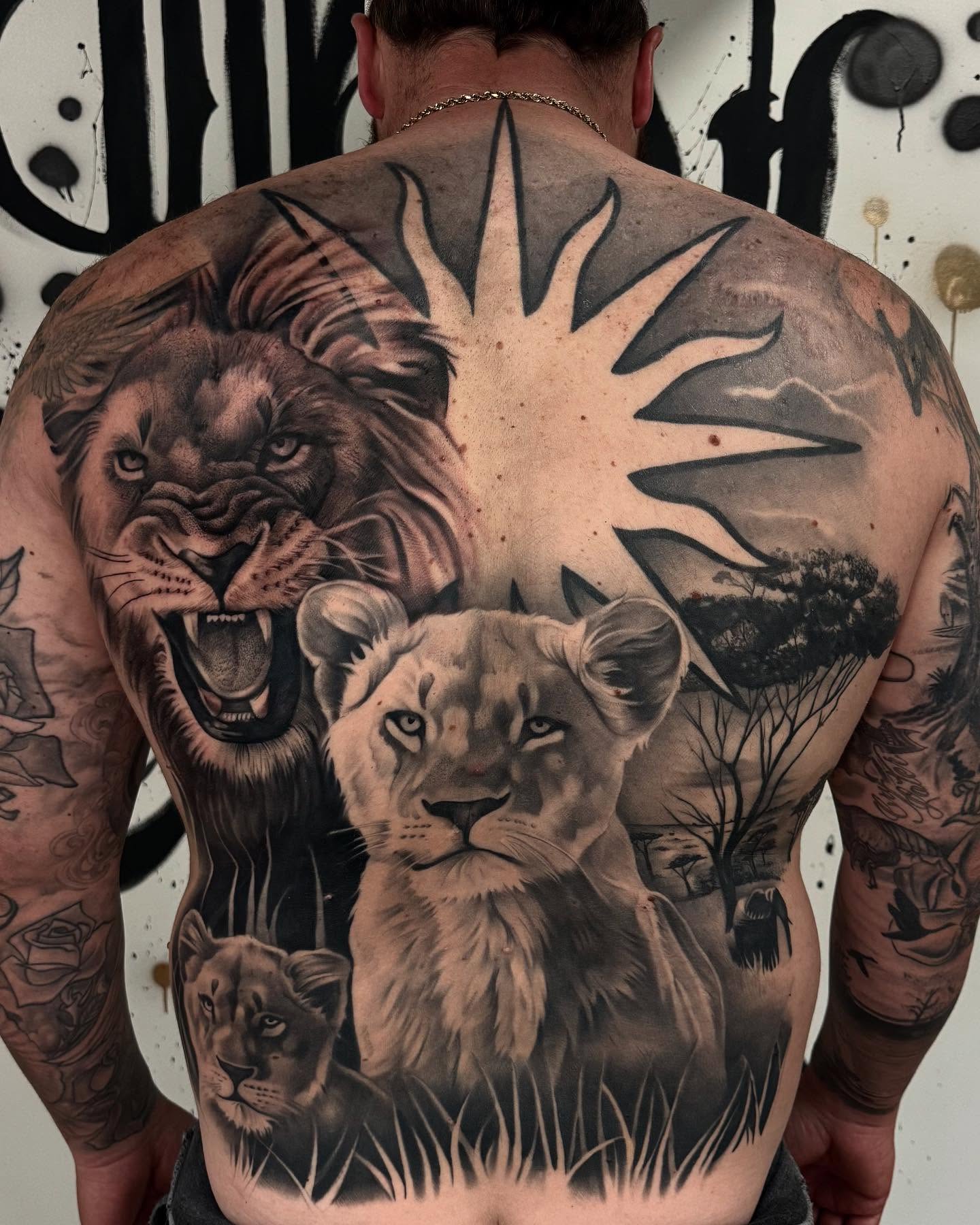 Lion family realism tattoo on the back by Bryan ๐ฅ Loggins, Baton Rouge, Louisiana