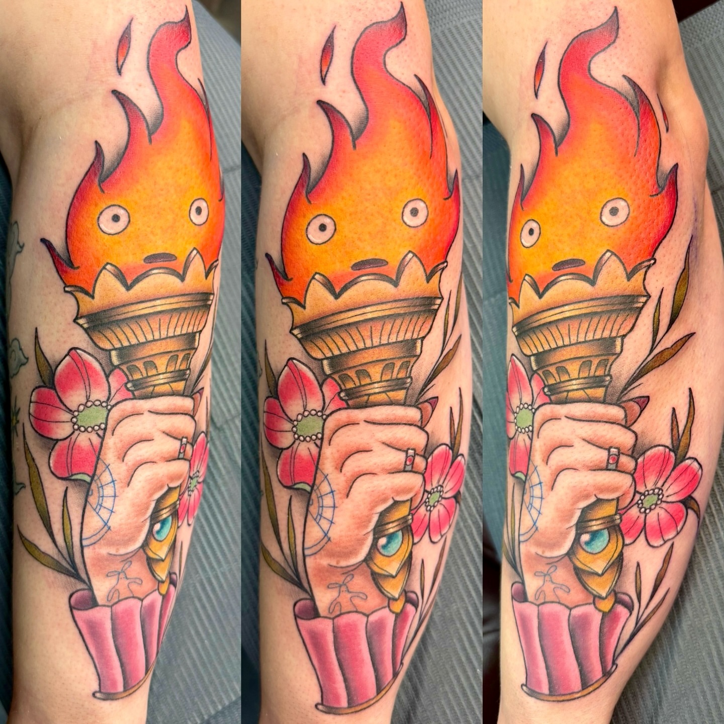 Torch and flowers American traditional tattoo on the forearm by Jake Snoddy, Franklin, Tennessee