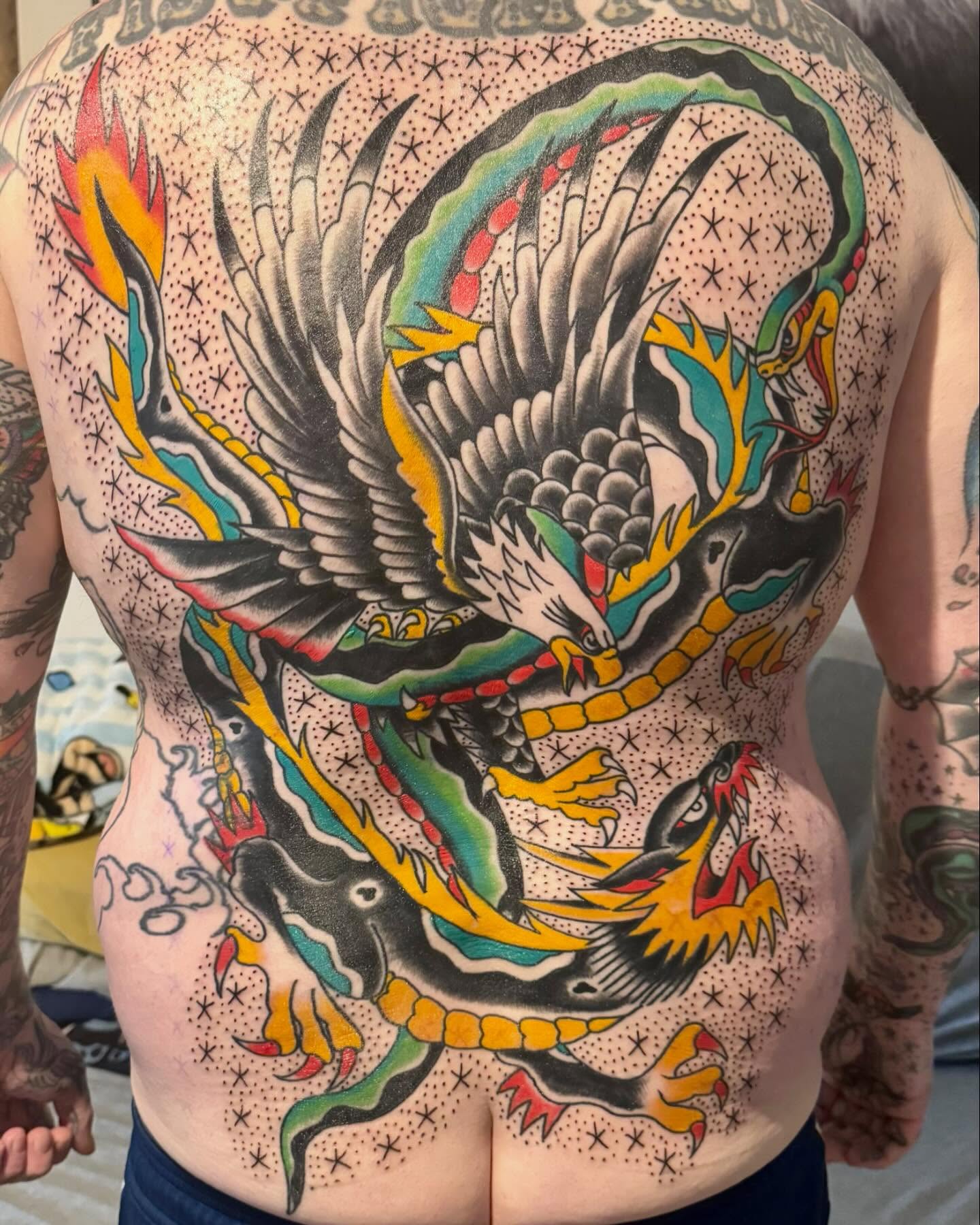 Phoenix and dragon American traditional tattoo on the back by mike_howard