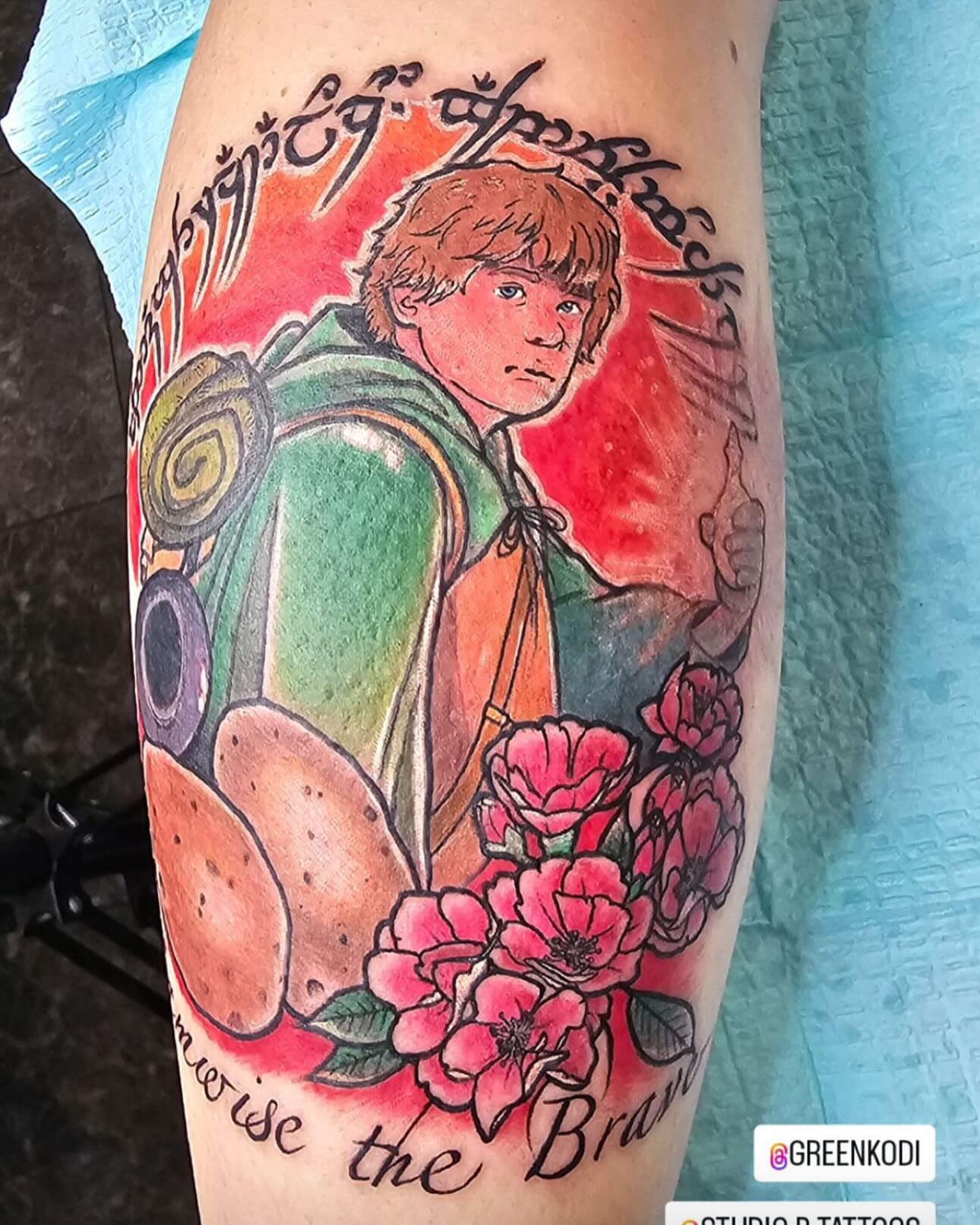 Lotr character with flowers realism tattoo on the forearm by Kodi Green