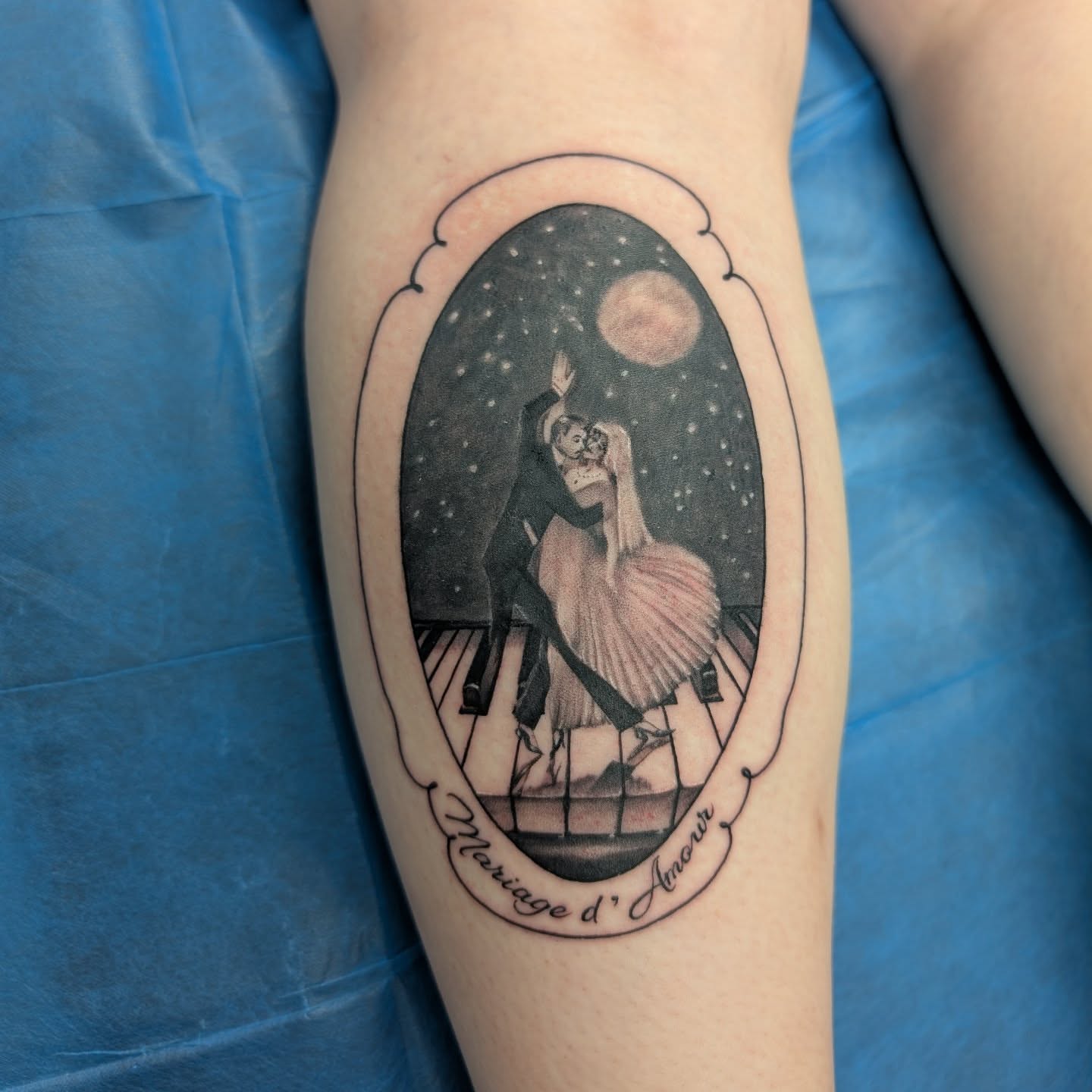 Ballerina and dancer realism tattoo on the thigh by Kara Falcon
