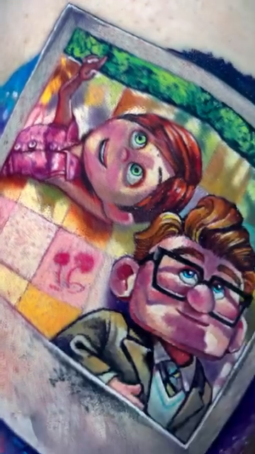 Couple from Up movie new school tattoo by Tattoo artist in Seattle, WA