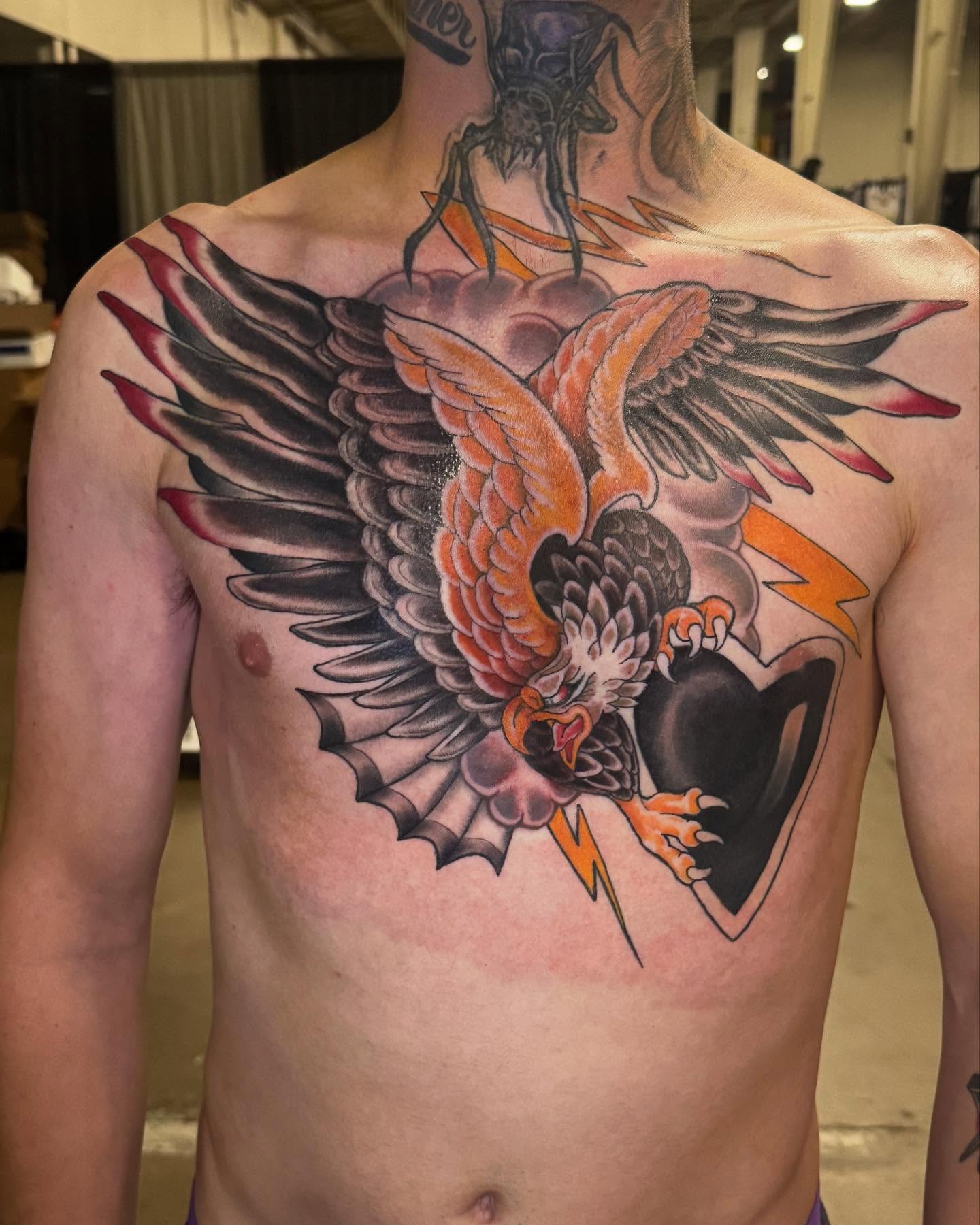Eagle neo-traditional tattoo on the chest by Brandon Seven