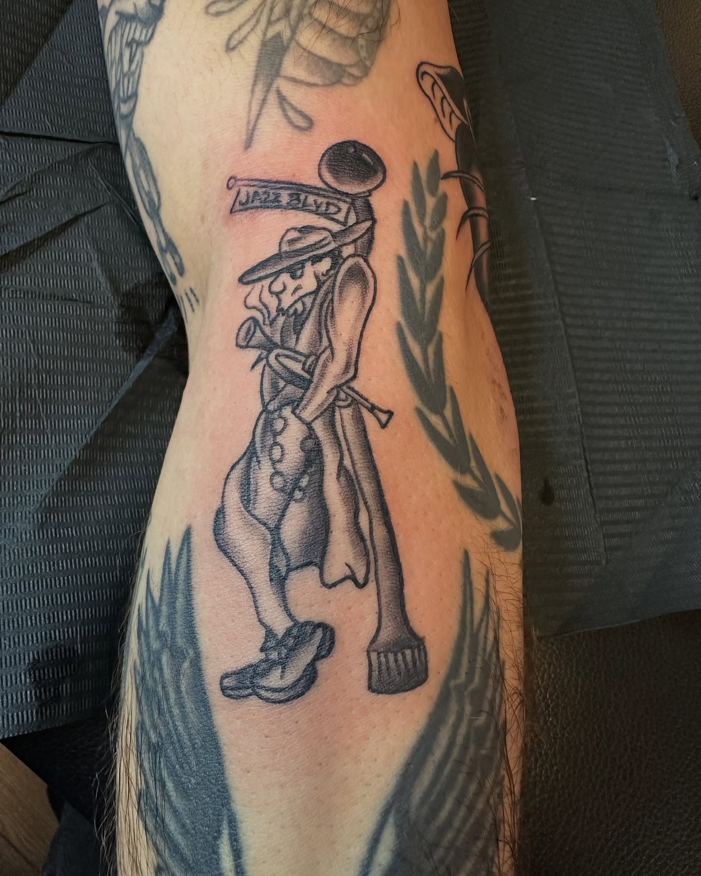 Jazz musician American traditional tattoo on the forearm by Inked By E, Philadelphia, Pennsylvania