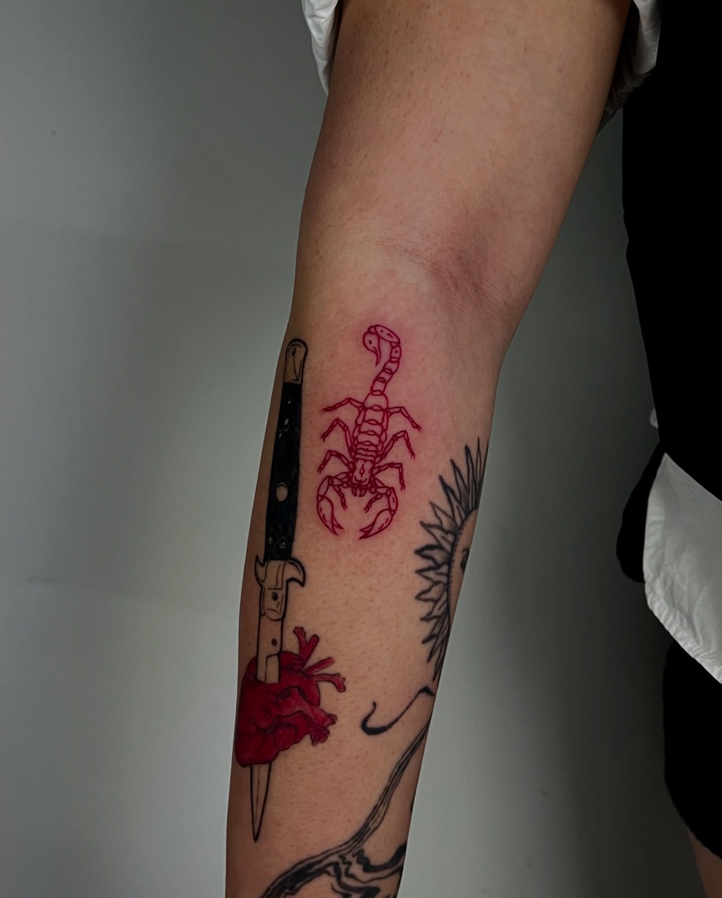 Scorpion and dagger neo-traditional tattoo on the forearm by Rebel milly Tattoo