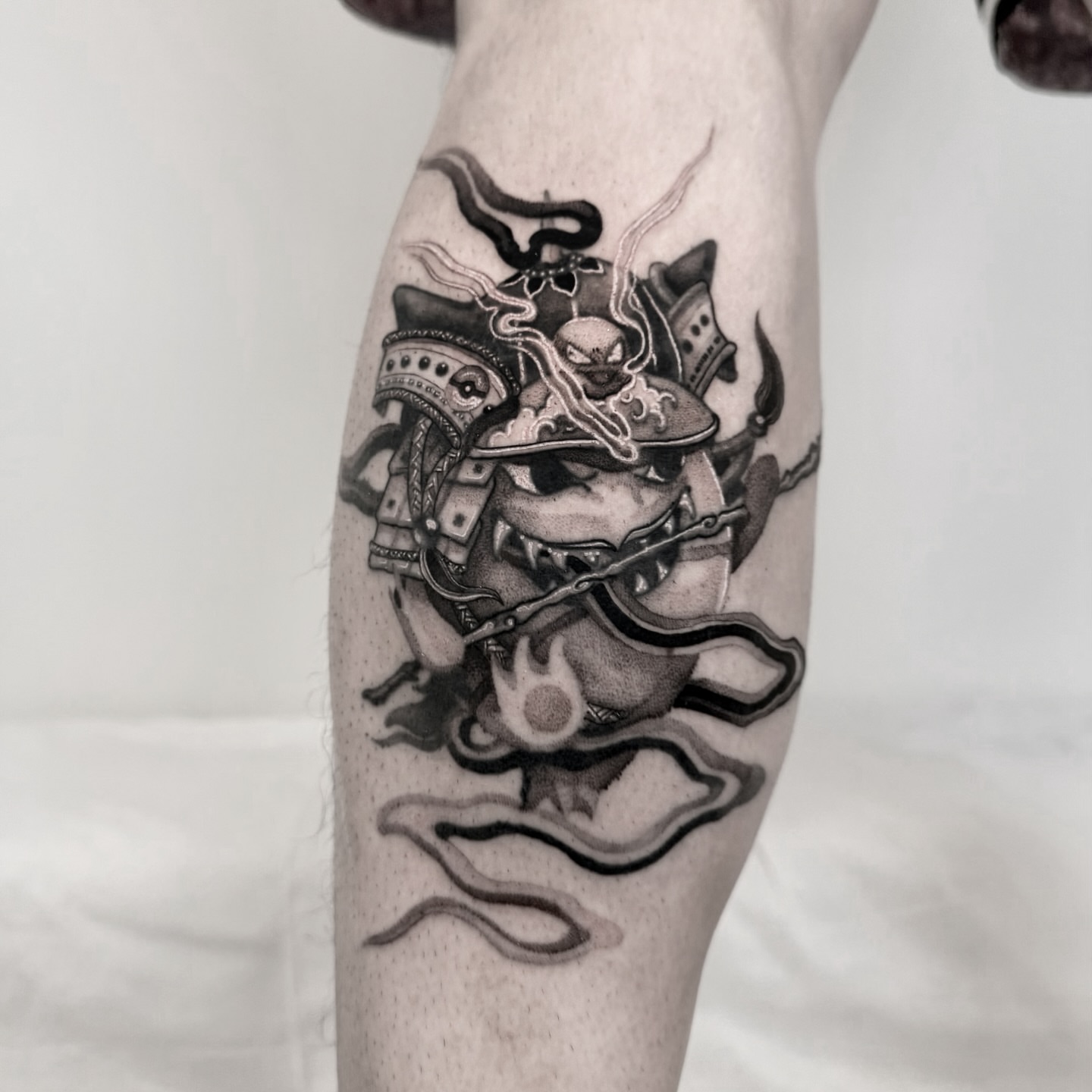 Samurai helmet japanese irezumi tattoo on the forearm by Joshua Hung, Alhambra, California