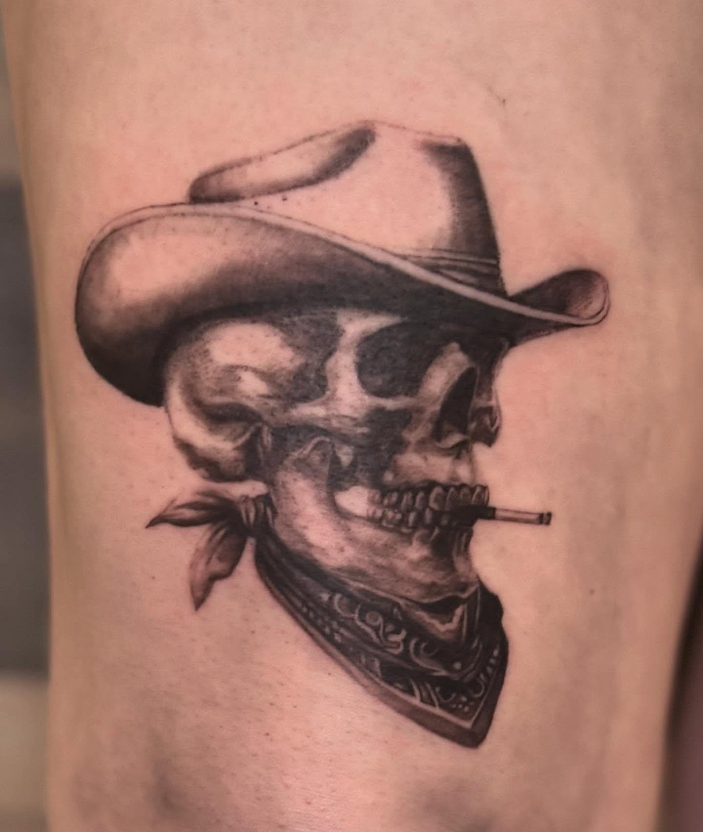 Cowboy skull realism tattoo on the forearm by jordy