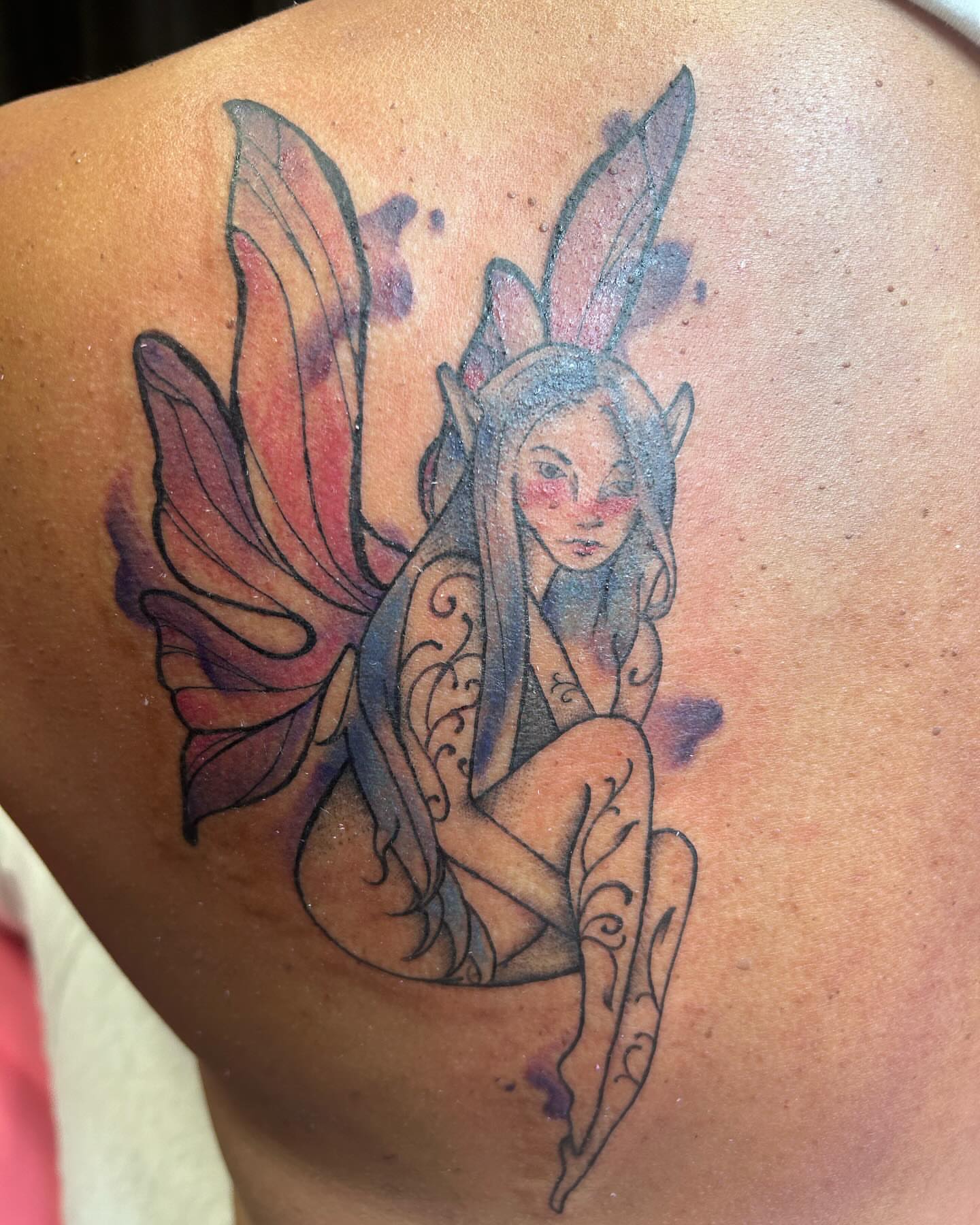 Fairy watercolor tattoo on the shoulder by Big Mar, Rocky Hill, Connecticut