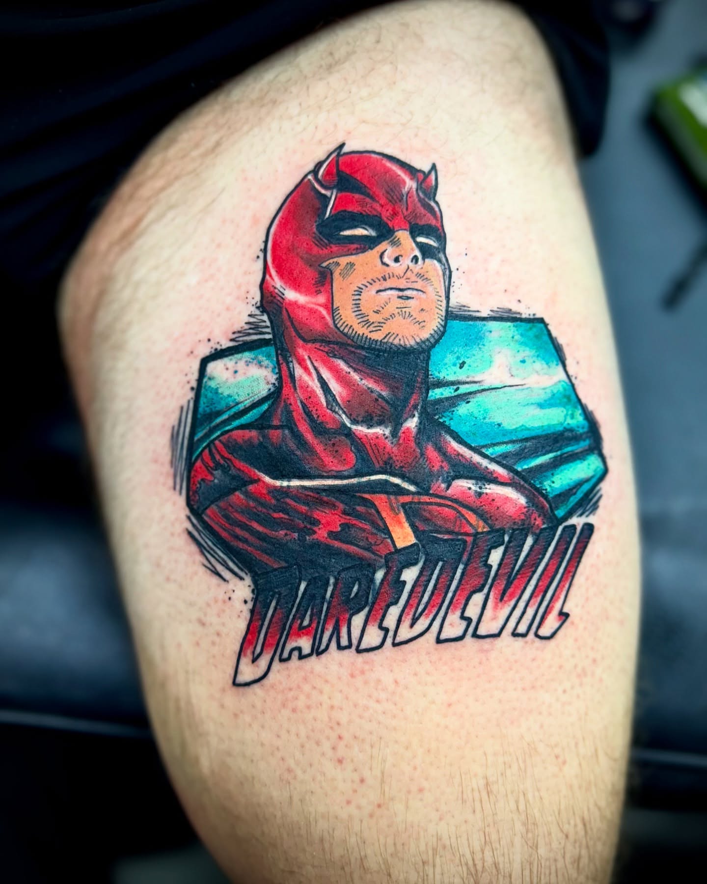 Daredevil new school tattoo on the thigh by Kevin A. Salinas ๐จ๐ด, Houston, Texas