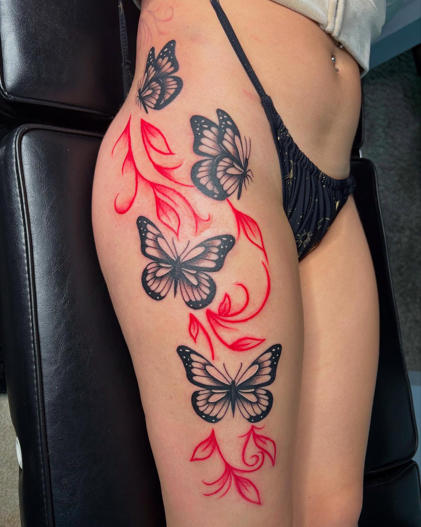 Butterflies new school tattoo on the thigh by Bay Area Tattoo Artist ✍🏽