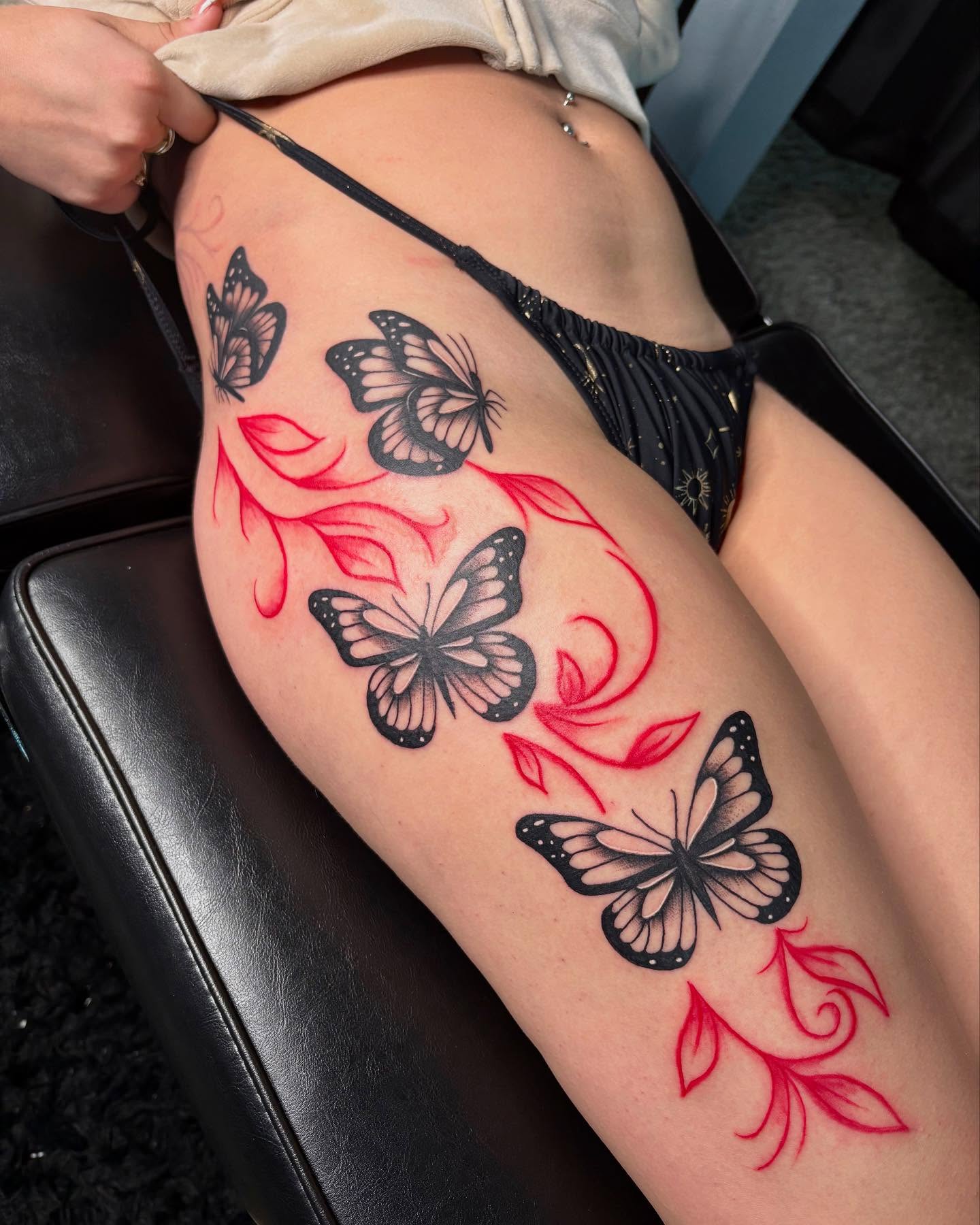 Butterflies black and grey tattoo on the thigh by Bay Area Tattoo Artist ✍🏽