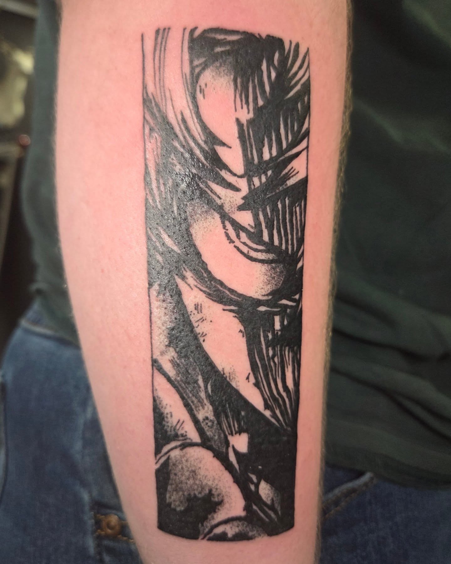 Anime character dotwork tattoo on the forearm by Chaz Escobar